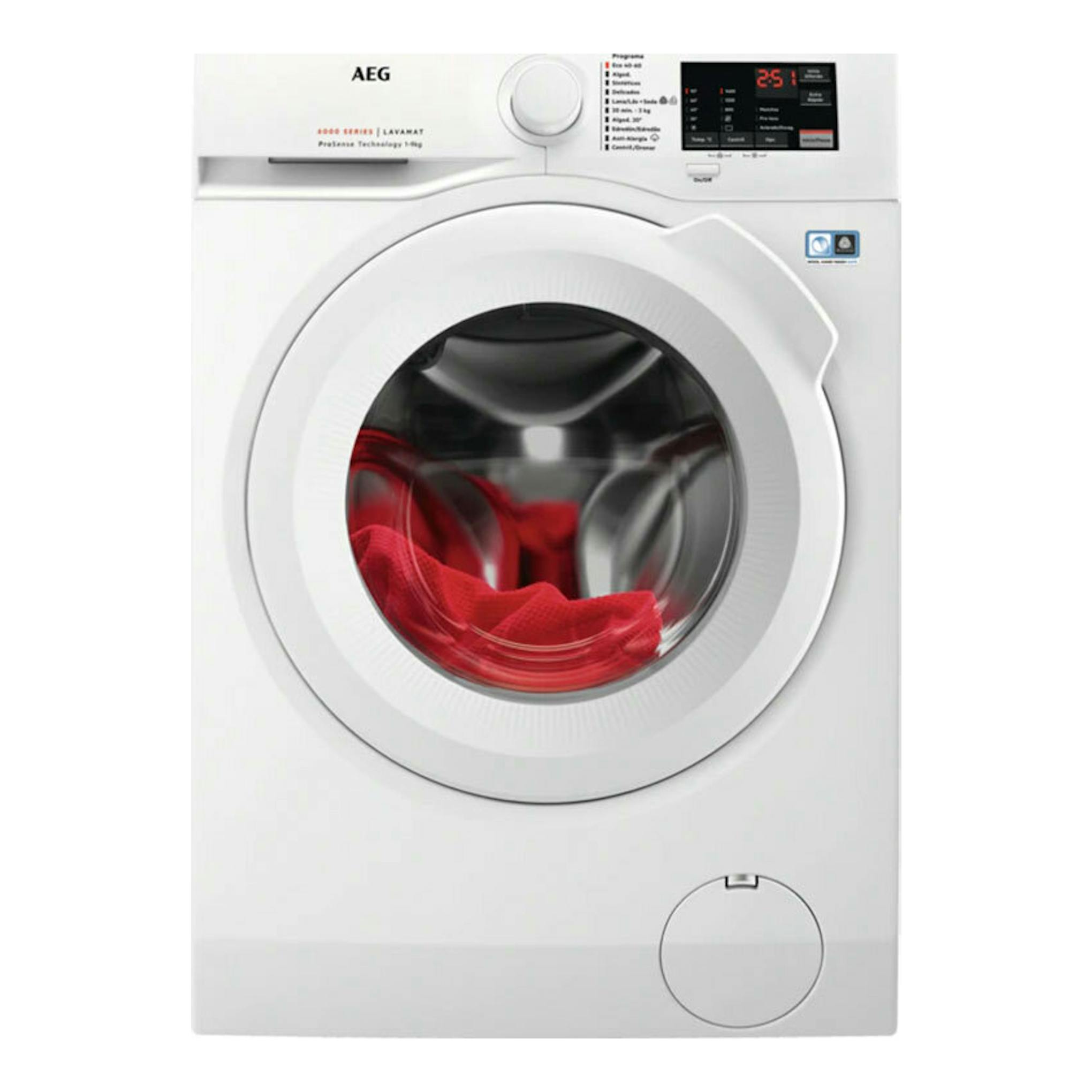 Lavadora frontal blanca AEG L6FBI947P, vista frontal, con puerta circular y panel digital superior.