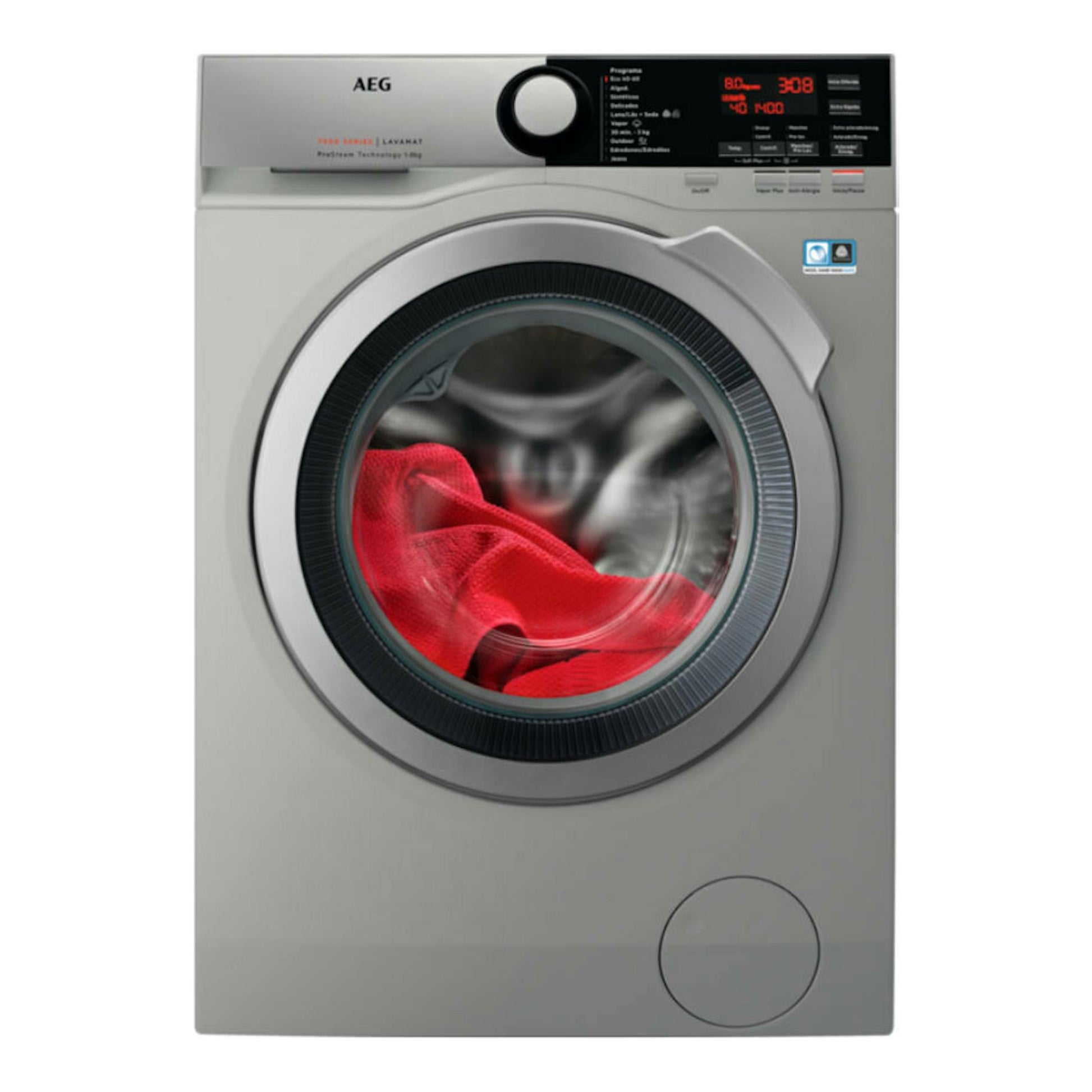 Lavadora frontal AEG L7FEE842S gris, con puerta circular, panel digital superior y ropa roja en el tambor.
