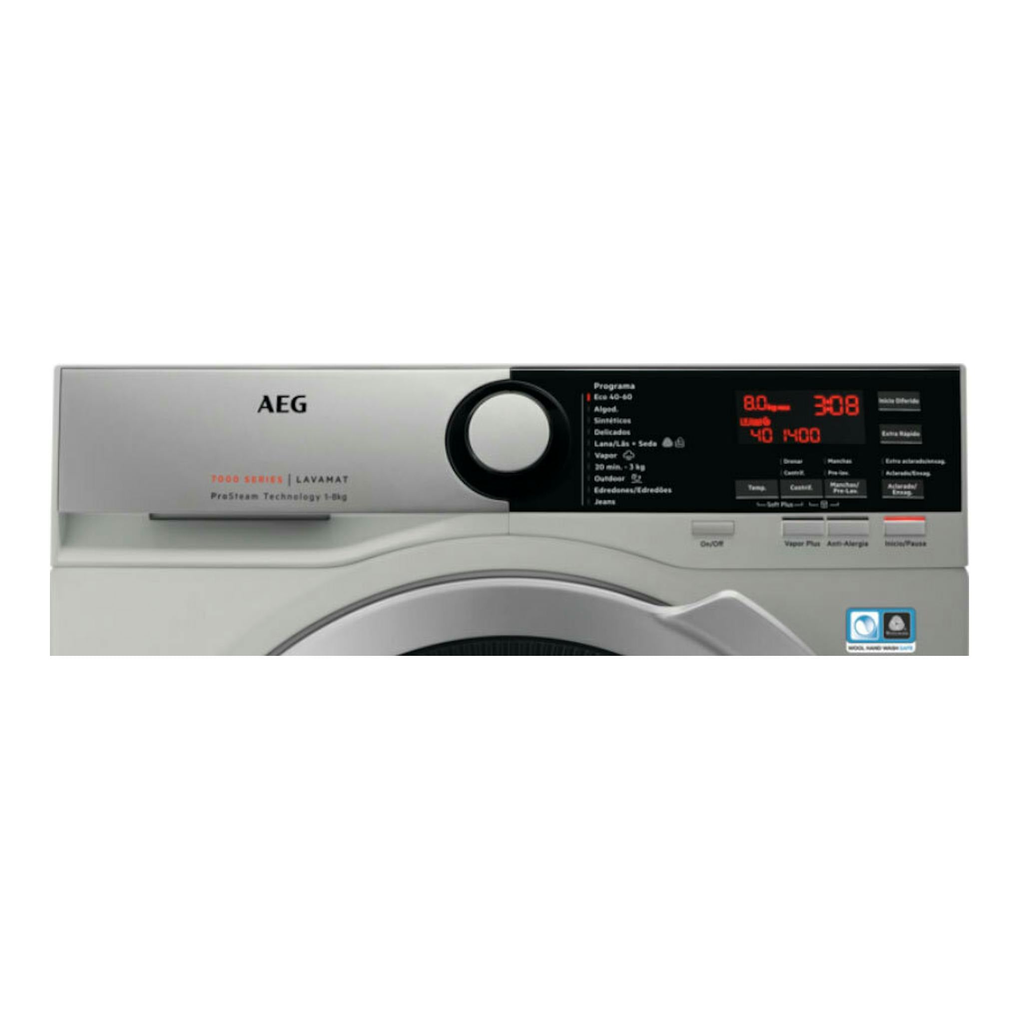 Lavadora AEG L7FEE842S blanca, vista frontal parcial, con panel negro y display digital rojo.