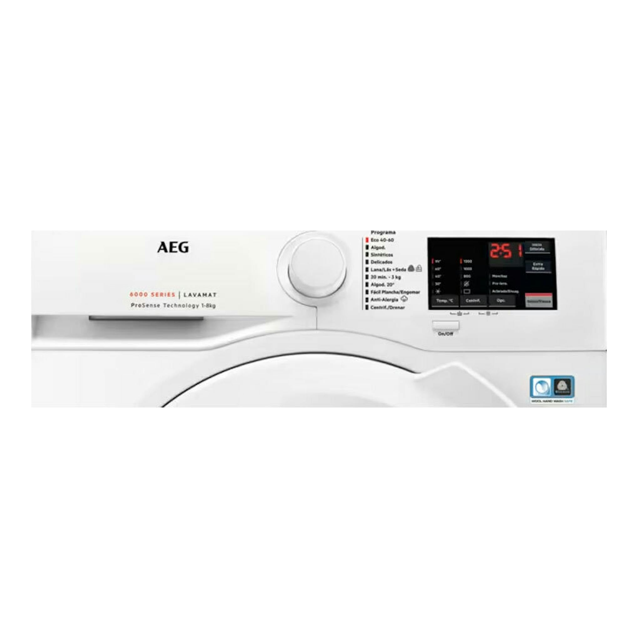 Lavadora AEG LFA6I8272A blanca, vista frontal del panel con selector y pantalla digital.