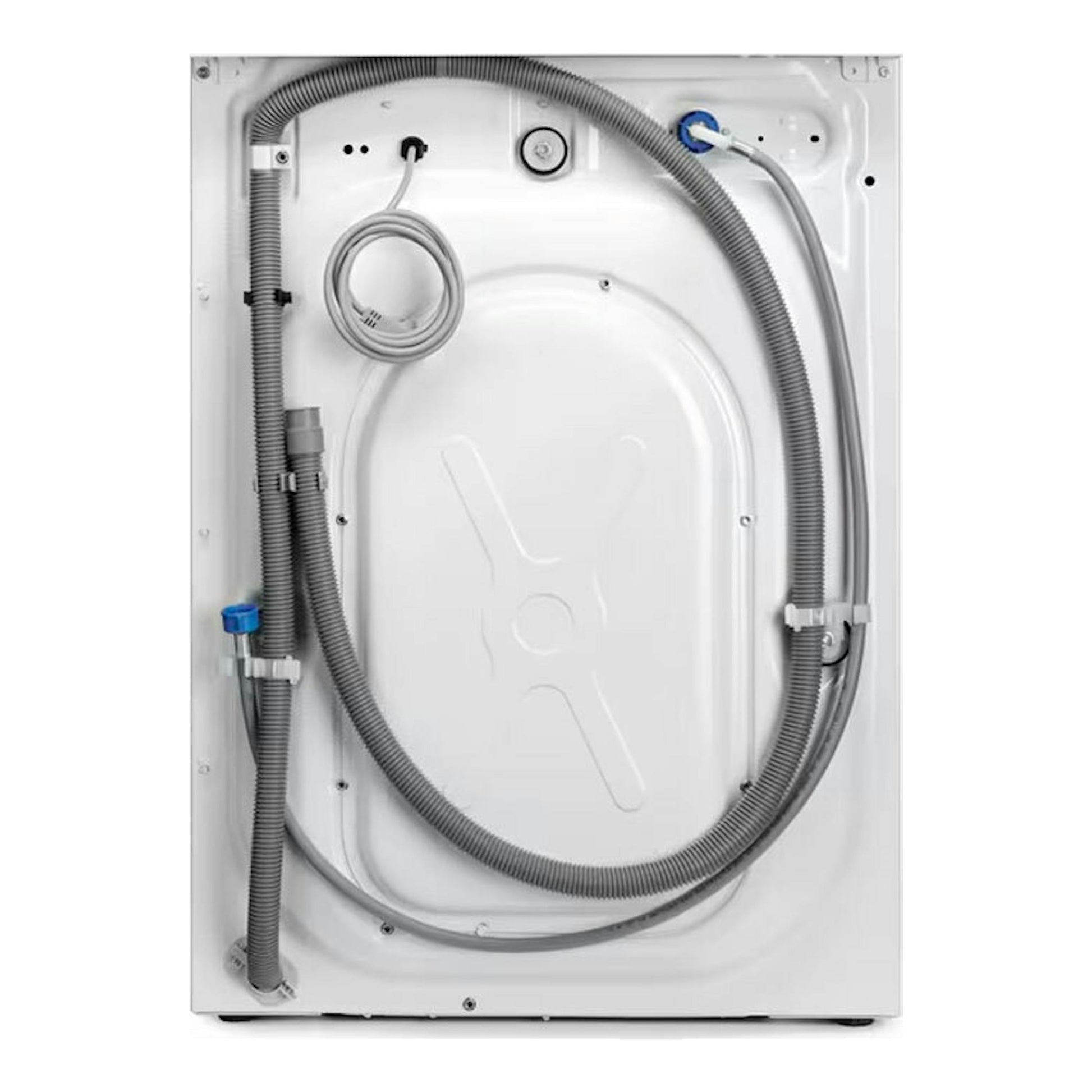 Lavadora AEG LFA6I8272A blanca, vista trasera, con mangueras y cable visibles.