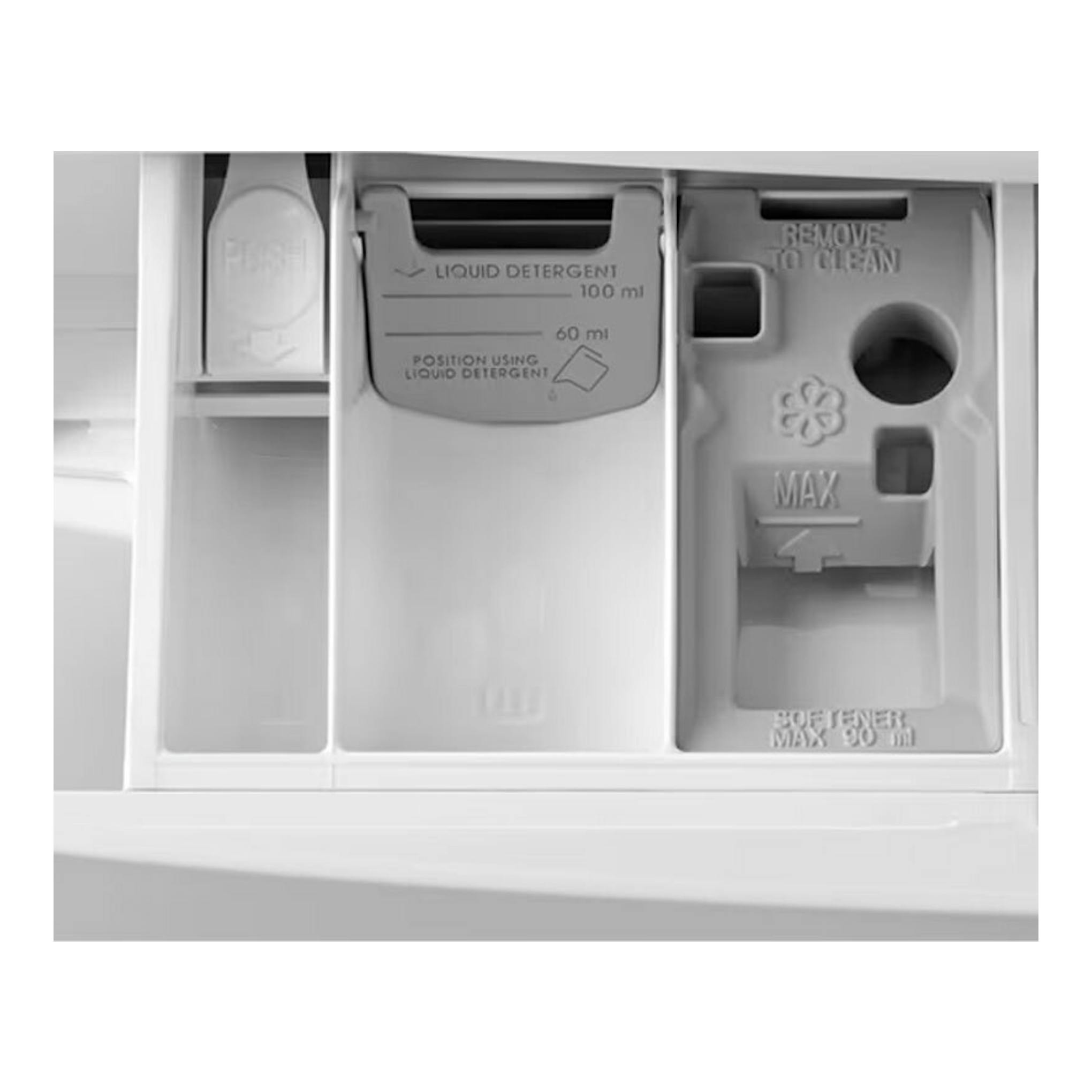 Lavadora AEG LFA6I8272A 8Kg, primer plano del cajetín de detergente blanco con compartimentos.