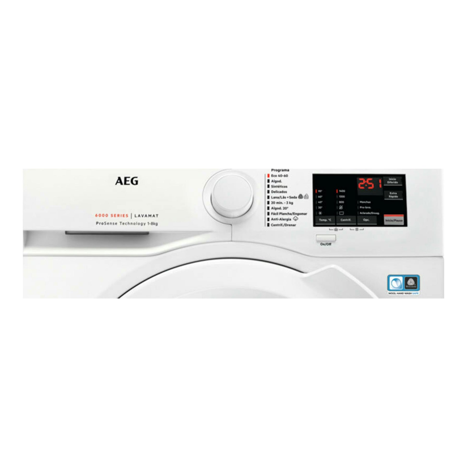 Lavadora AEG LFA6I8472A blanca, vista frontal parcial del panel de control con display digital.