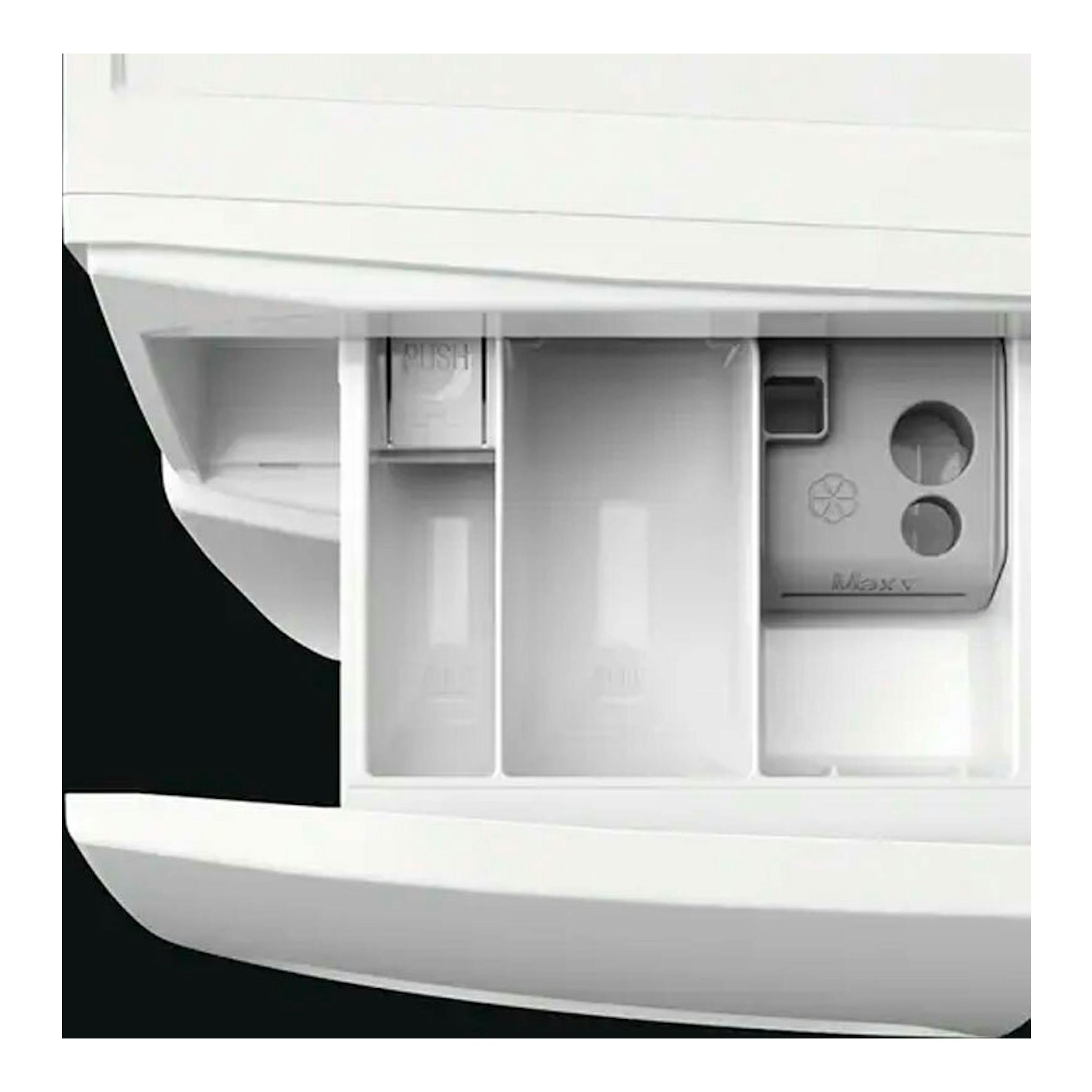 Detalle frontal del cajón dispensador de una lavadora AEG blanca, con compartimentos para detergente y suavizante.