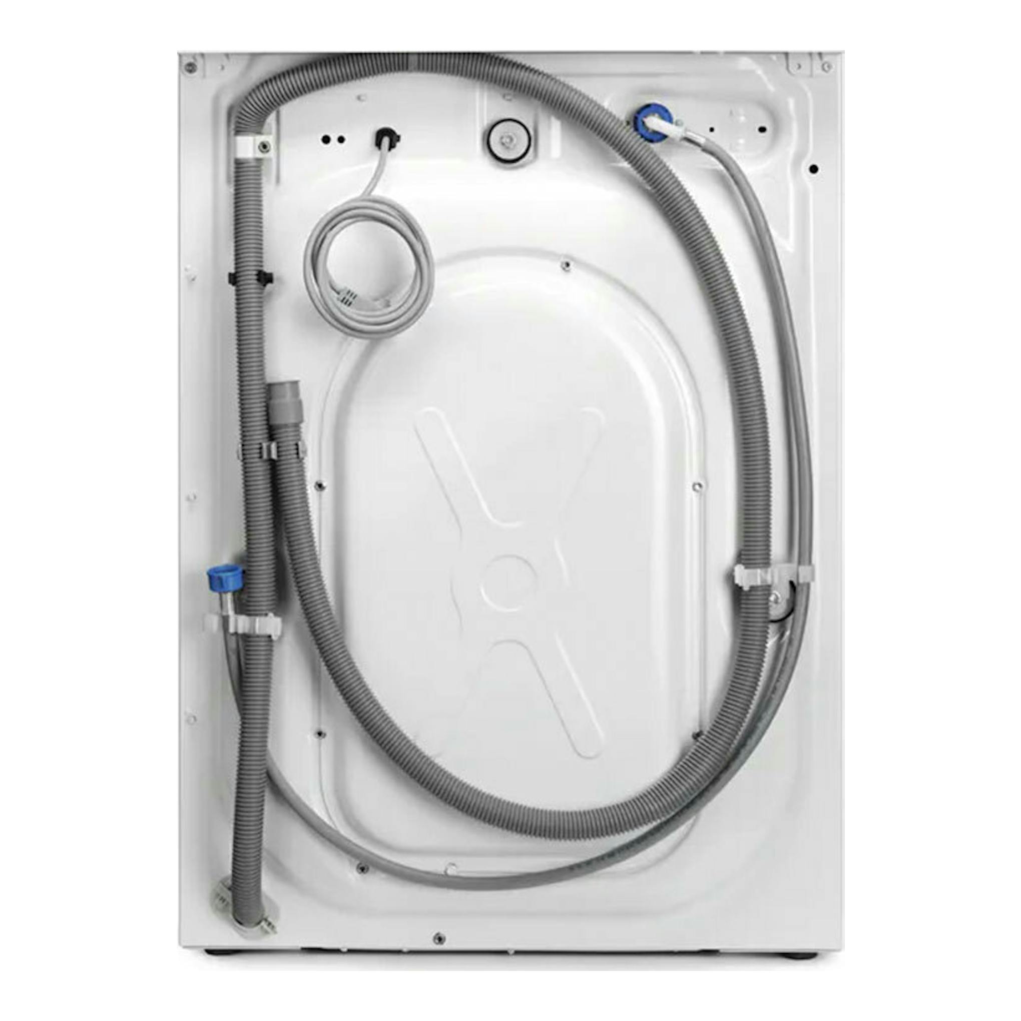 Lavadora AEG LFA6I8472A blanca, vista trasera, con mangueras y cables visibles.