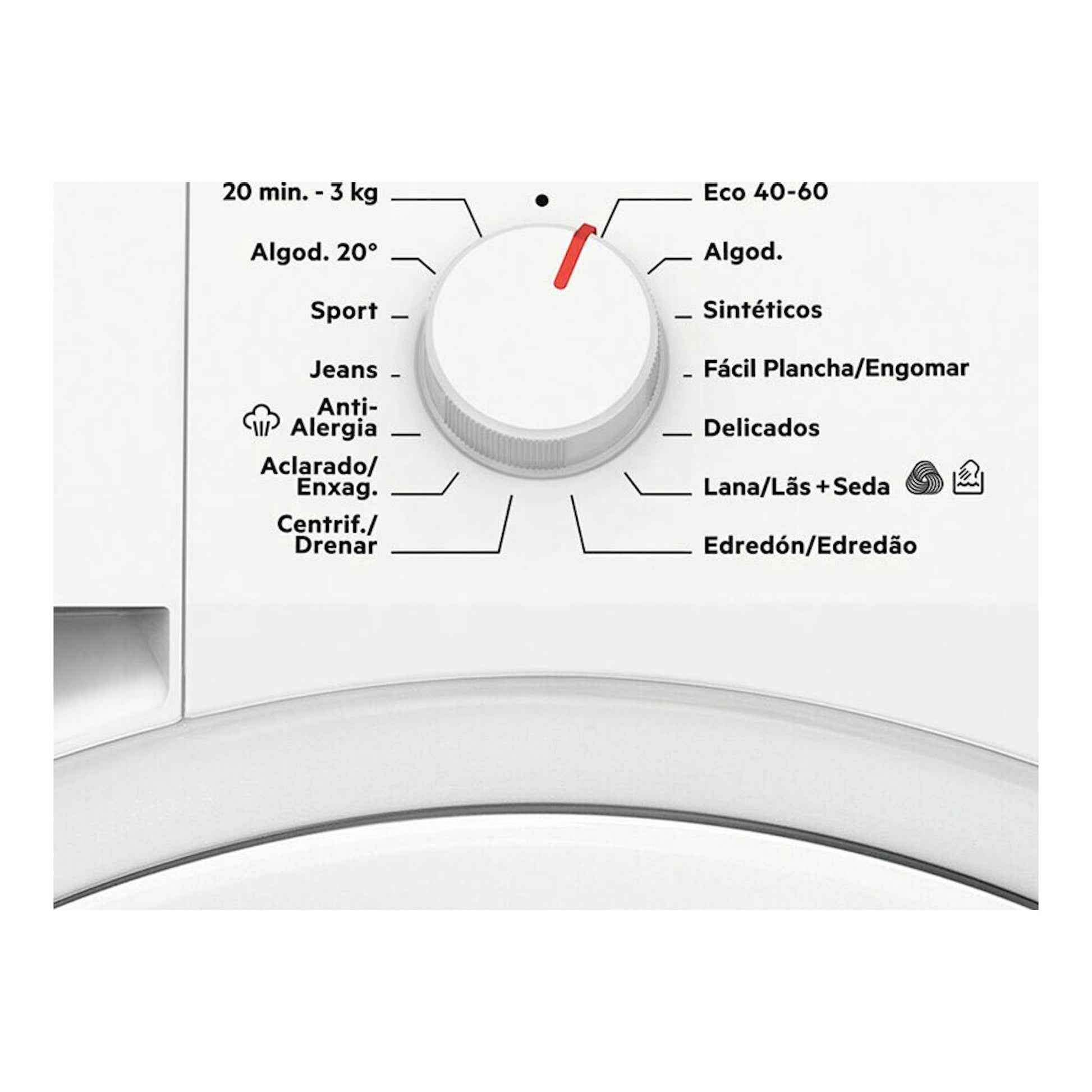 Lavadora AEG LFA6K8241C, primer plano del selector blanco de programas con marcas en rojo.