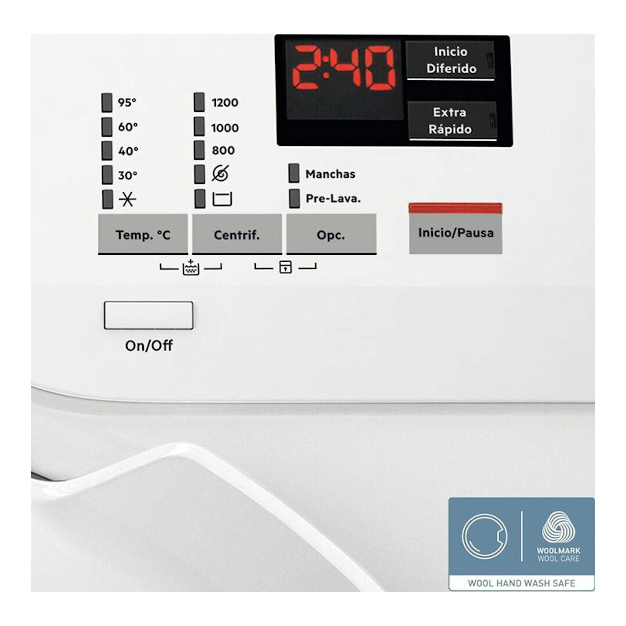 Lavadora AEG LFA6K8241C blanca, vista frontal del panel de control con display digital y botones.