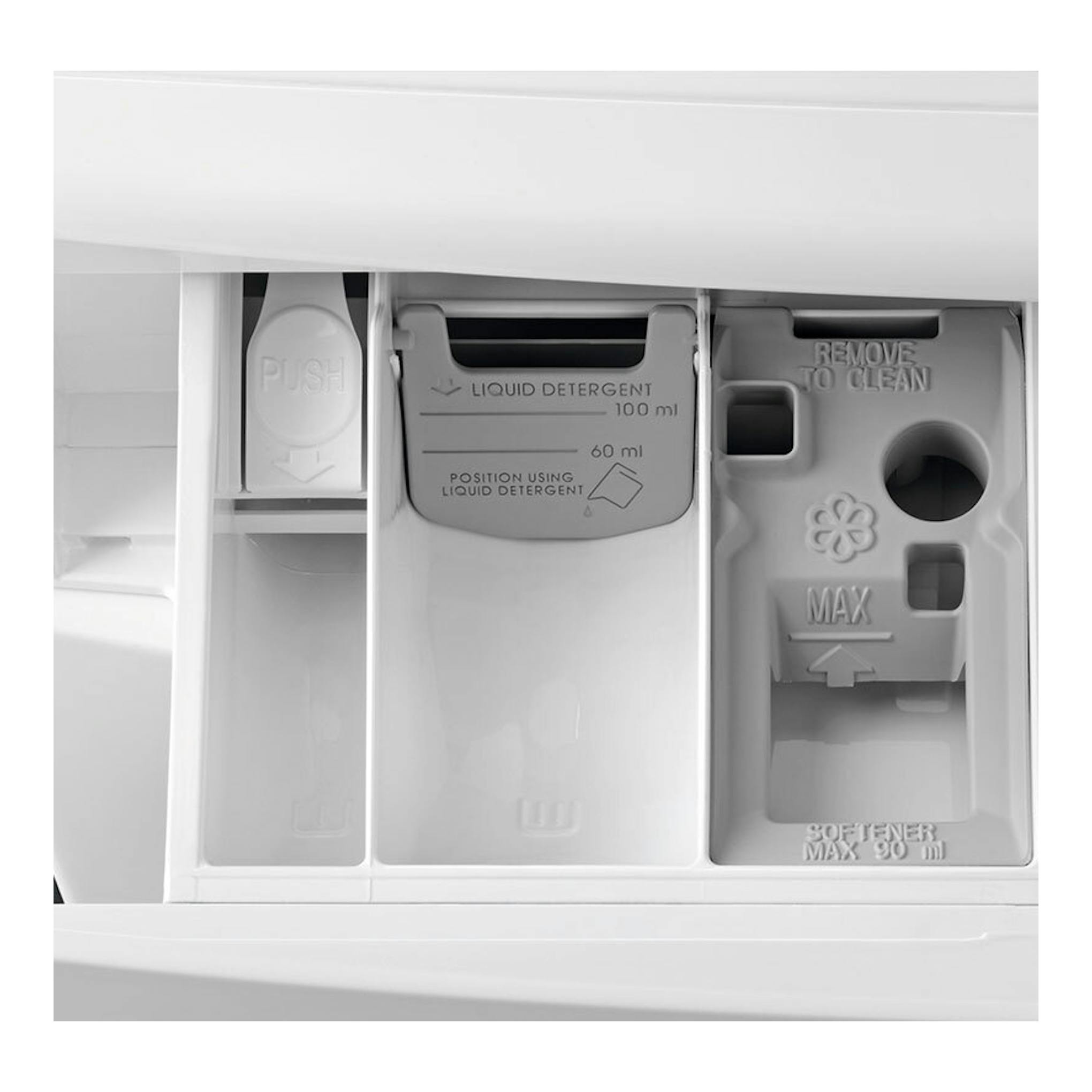 Lavadora AEG LFA6K8241C, primer plano del cajetín blanco y gris para detergente y suavizante.