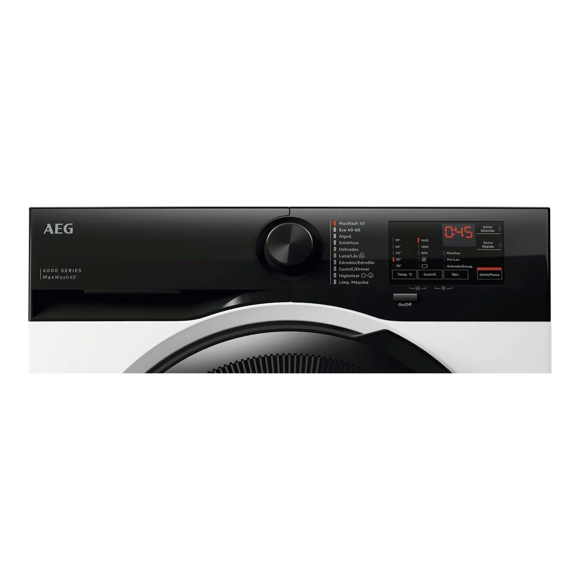 Lavadora AEG LFE6D84N4B, vista frontal, panel negro con selector central y display, cuerpo blanco.