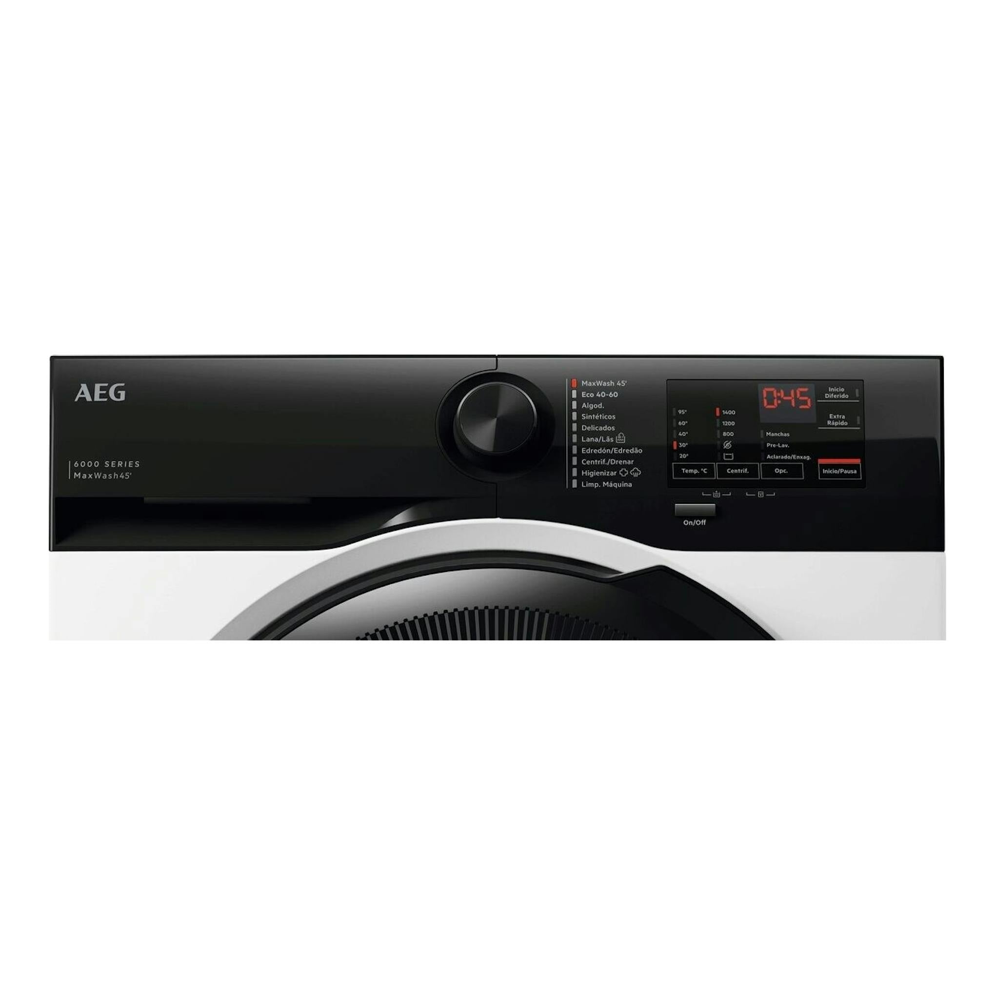 Lavadora AEG LFE6D84N4B, vista frontal, panel negro con selector central y display, cuerpo blanco.