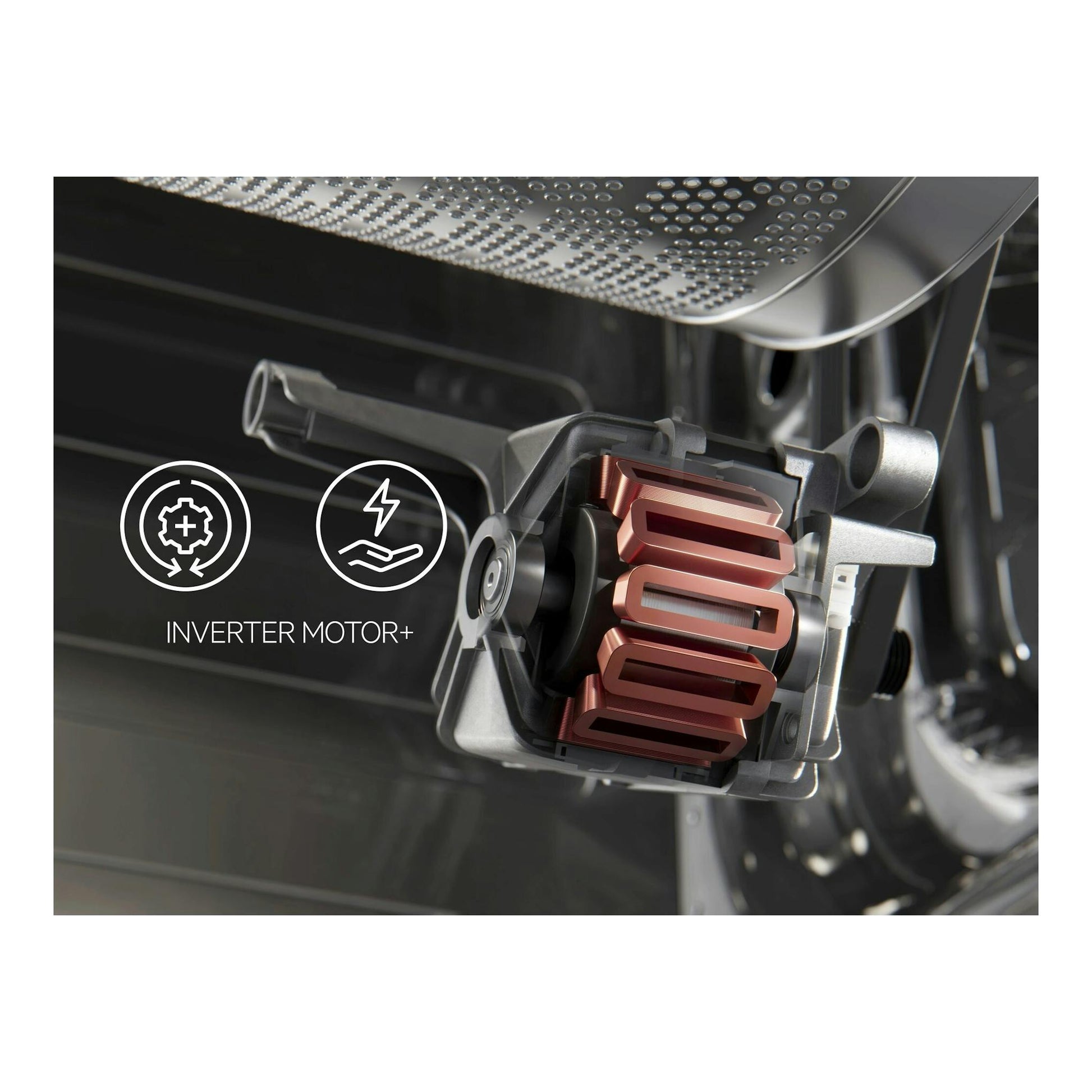 AEG LFE6D84N4B: vista en corte del motor inverter de una lavadora, con bobinas de cobre y fondo oscuro.