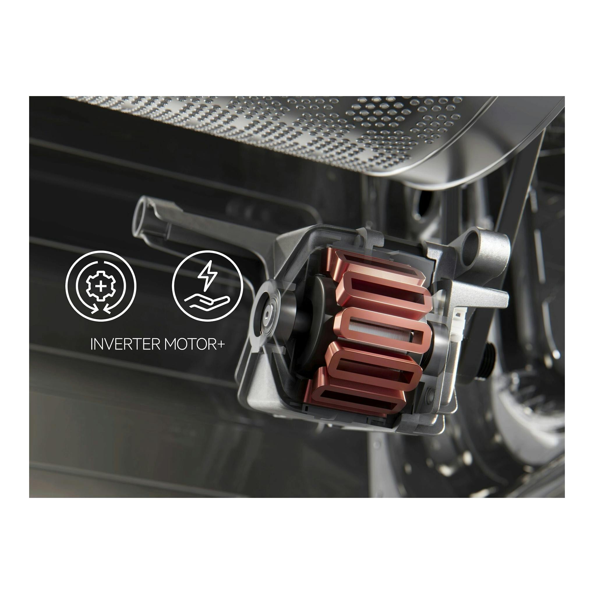 AEG LFE6D84N4B: vista en corte del motor inverter de una lavadora, con bobinas de cobre y fondo oscuro.