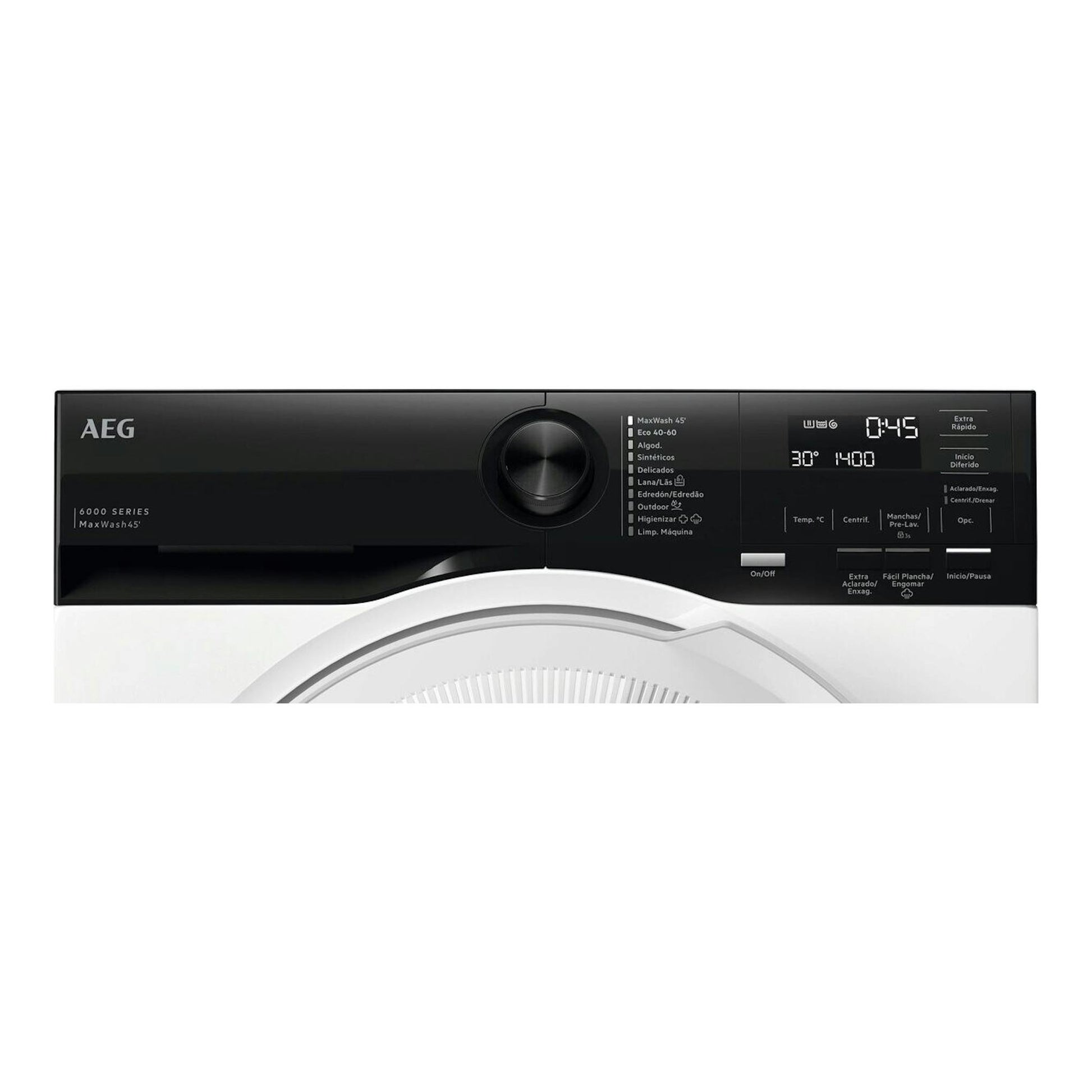 Lavadora AEG LFE6G54H2B, frontal, panel negro con display digital y selector central, puerta blanca.
