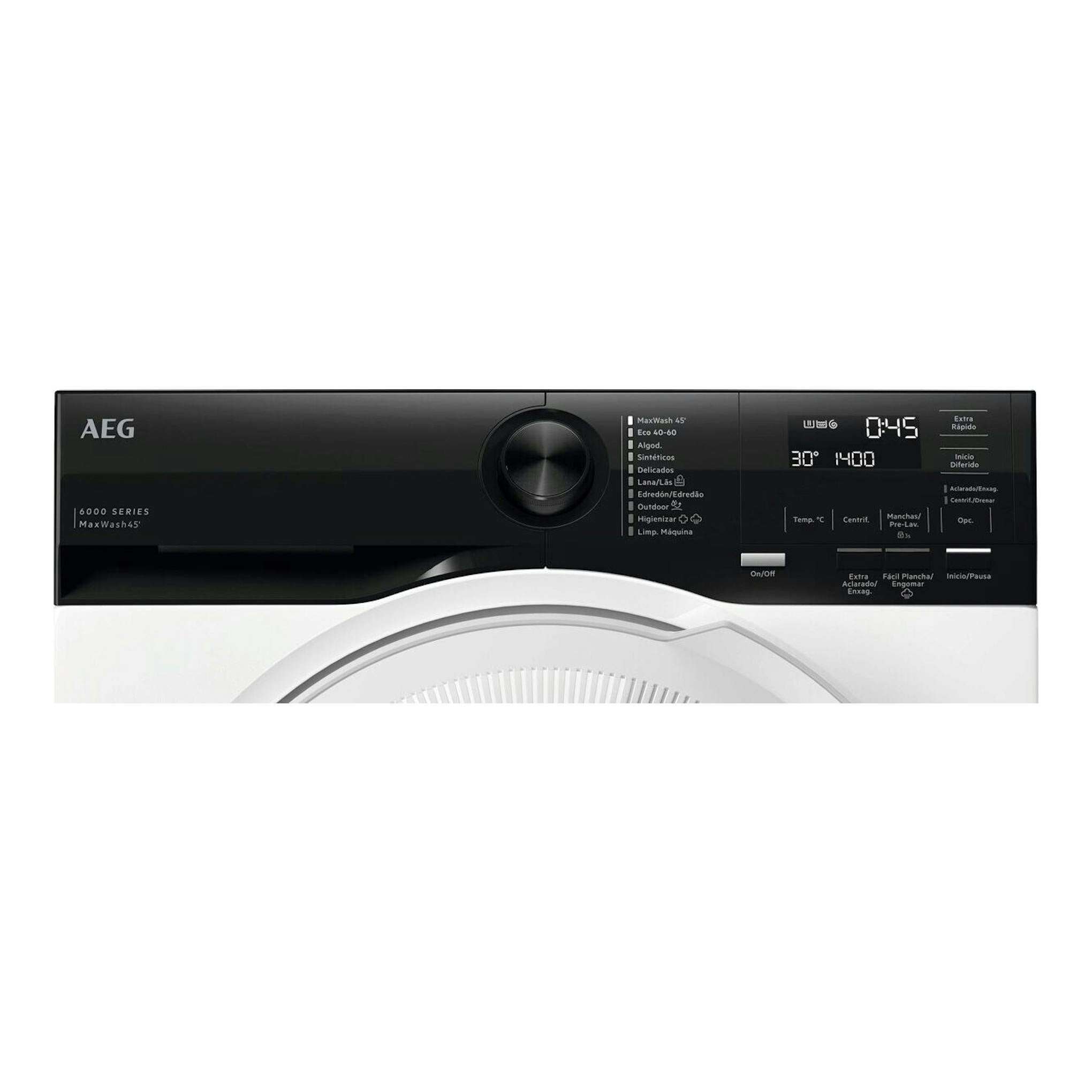 Lavadora AEG LFE6G54H2B, frontal, panel negro con display digital y selector central, puerta blanca.
