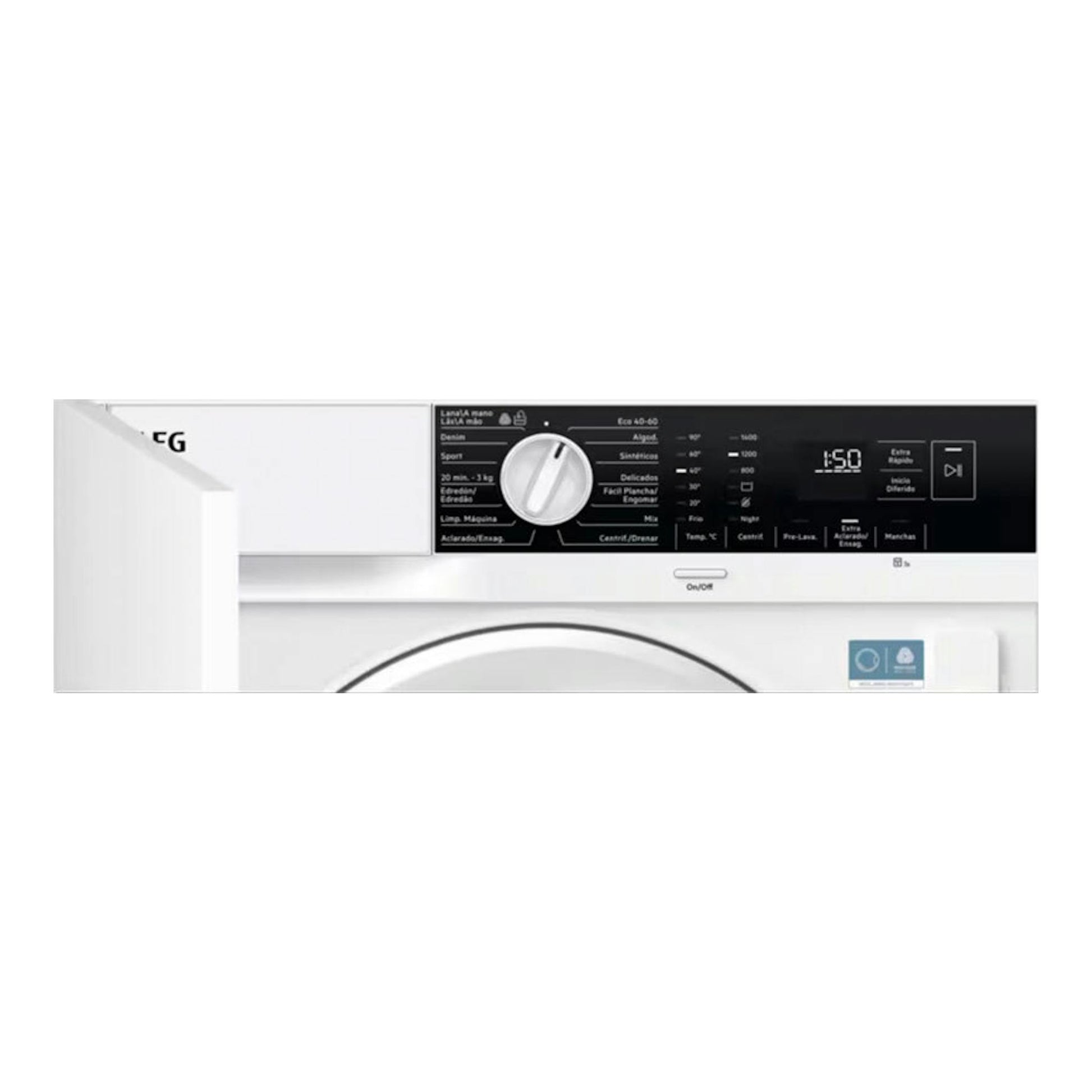 Lavadora AEG LFN6G7434F blanca, vista frontal parcial, con panel negro y selector central.