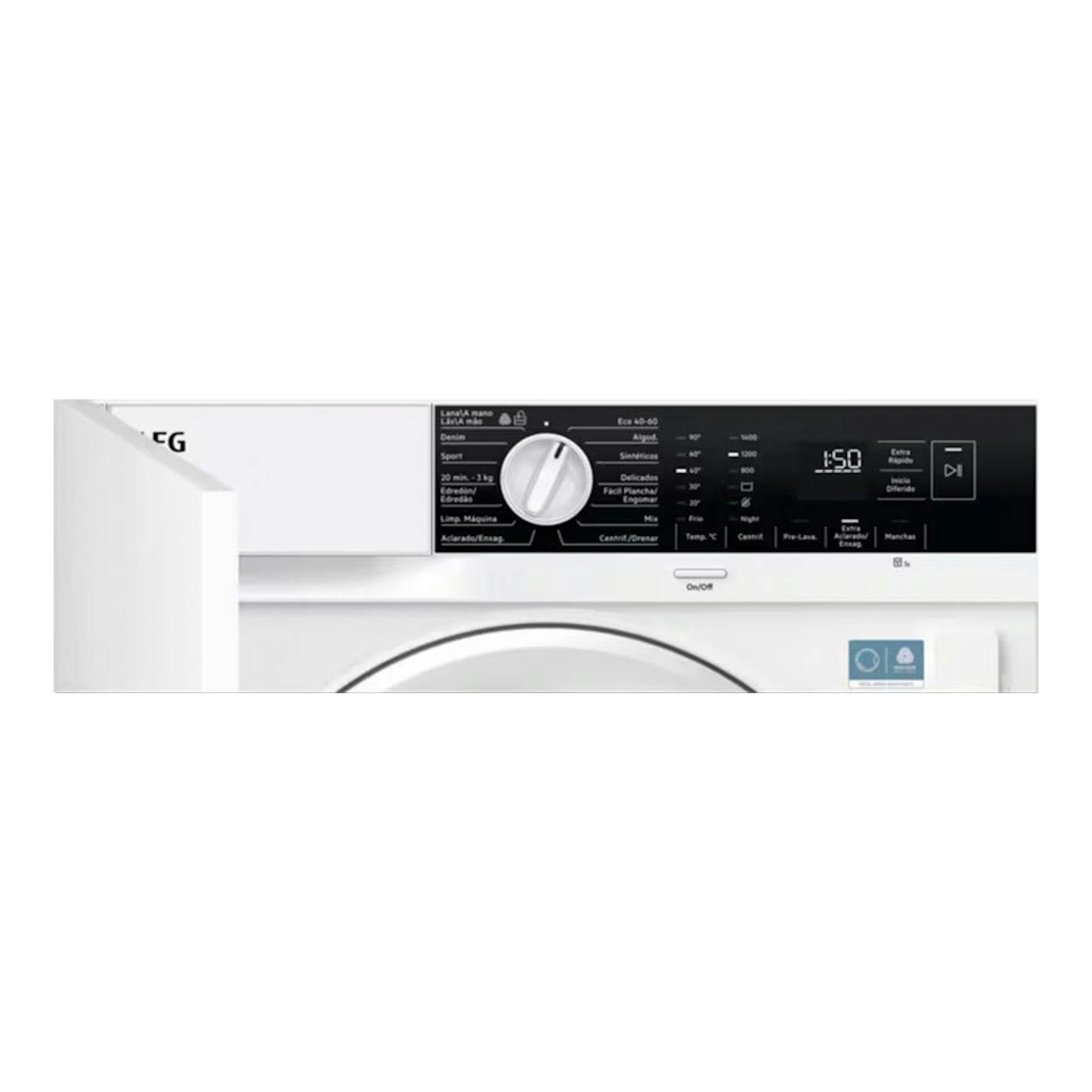Lavadora AEG LFN6G7434F blanca, vista frontal parcial, con panel negro y selector central.