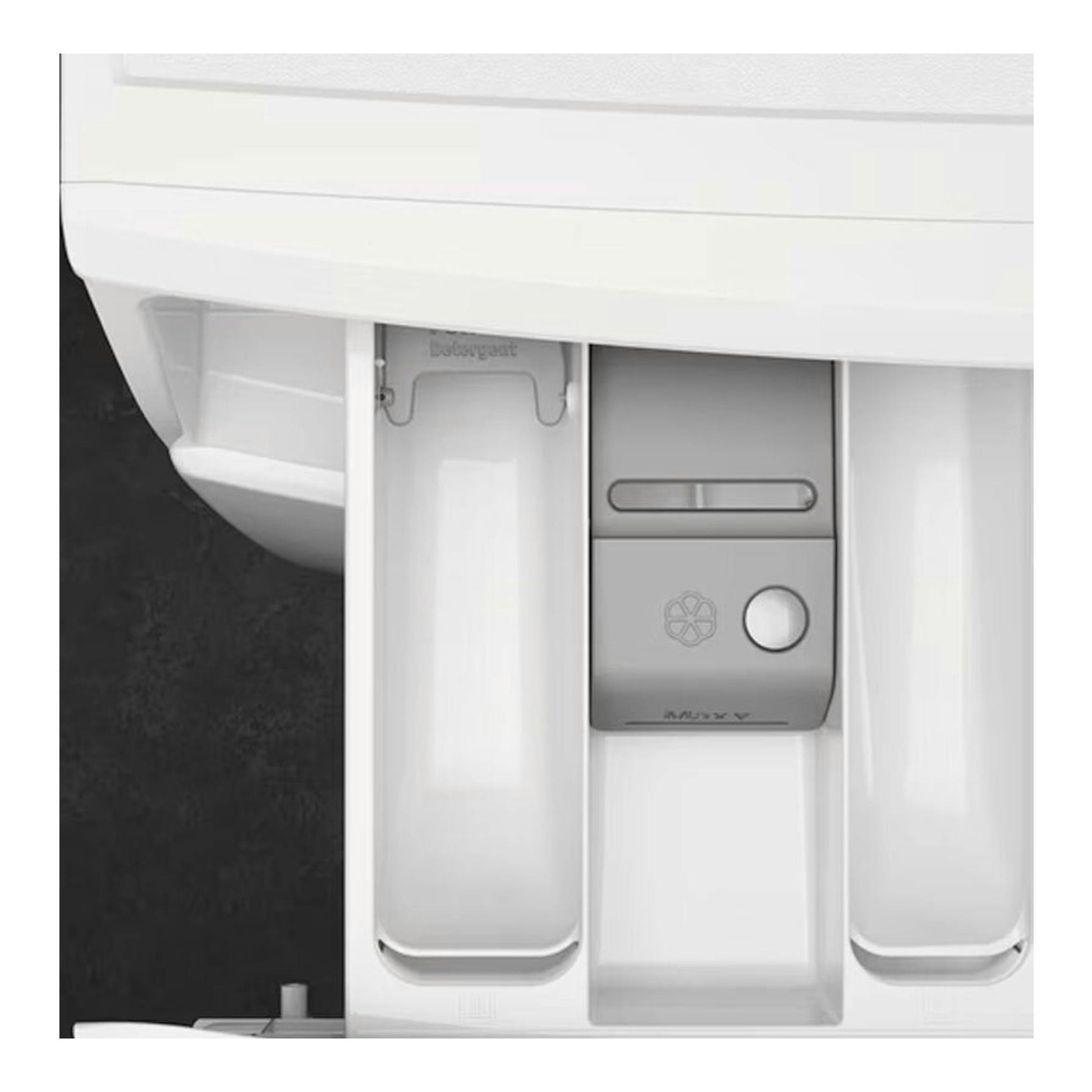 Lavadora AEG LFN6G7434F, vista frontal en primer plano del cajetín de detergente blanco y gris.