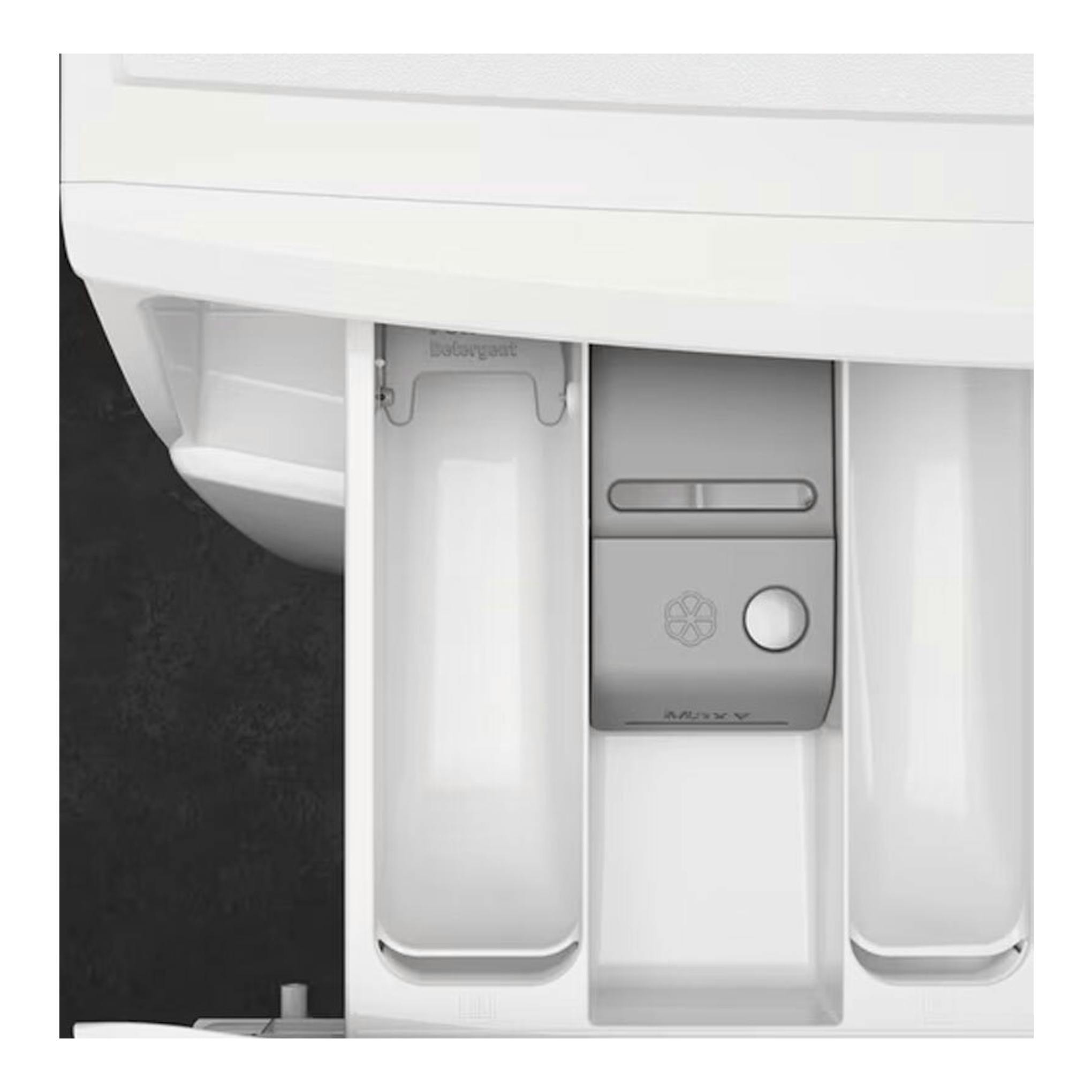 Lavadora AEG LFN6G7434F, vista frontal en primer plano del cajetín de detergente blanco y gris.
