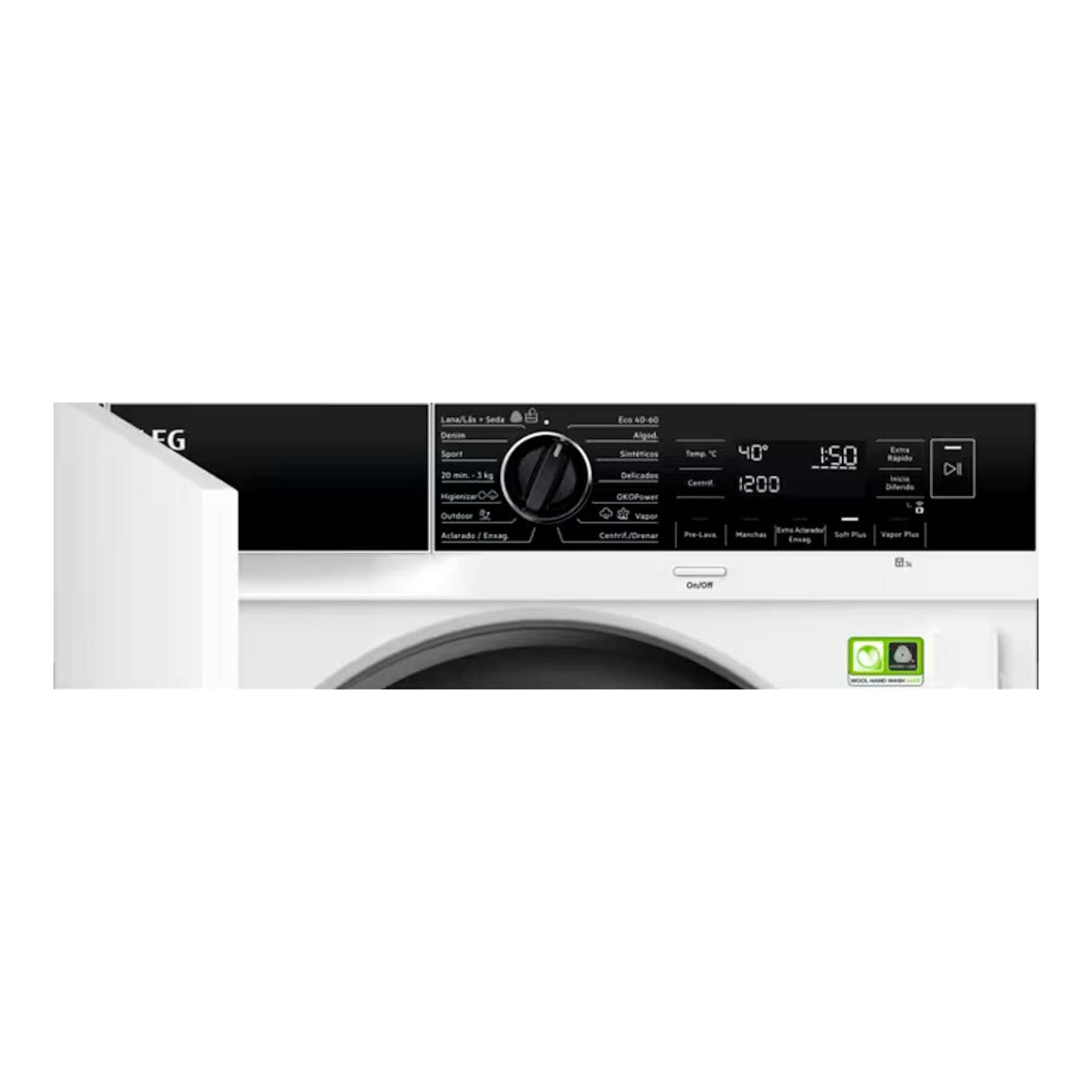 Lavadora AEG LFN8E8436C blanca, vista frontal parcial con panel negro y selector central.