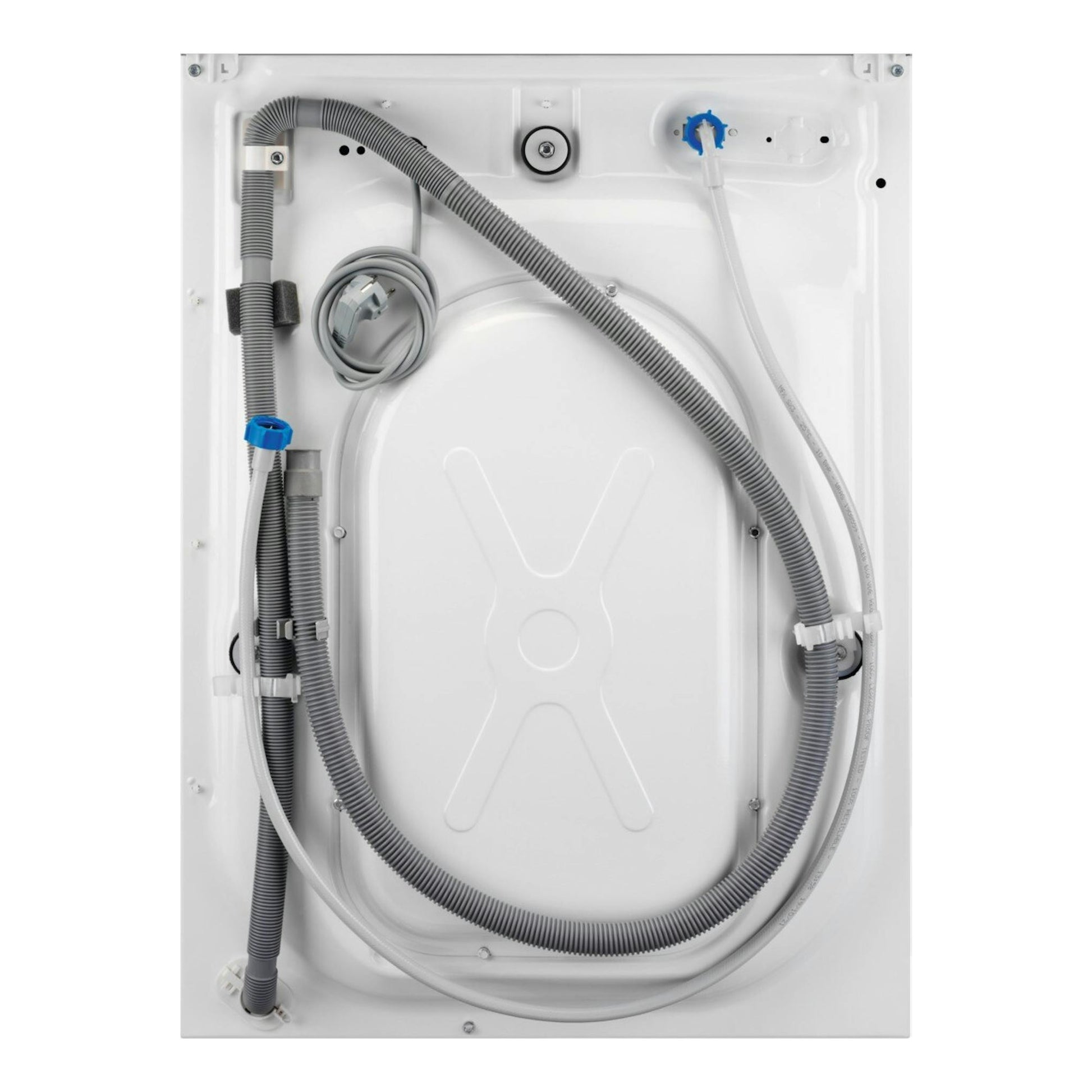 Lavadora AEG LFE6G54H2B, vista trasera en blanco con mangueras y cable de conexión.