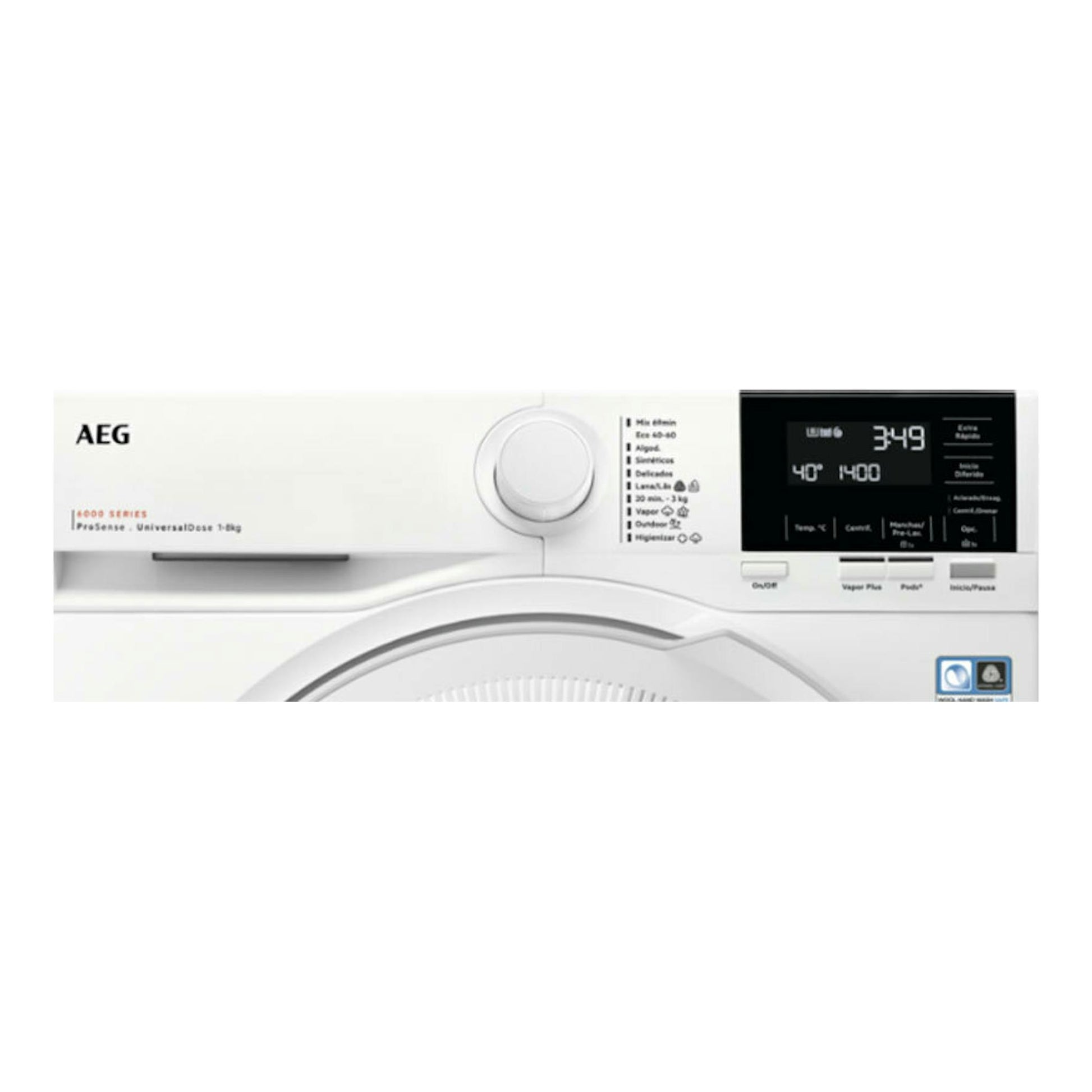 Lavadora AEG blanca, vista frontal, con panel negro digital y selector central.