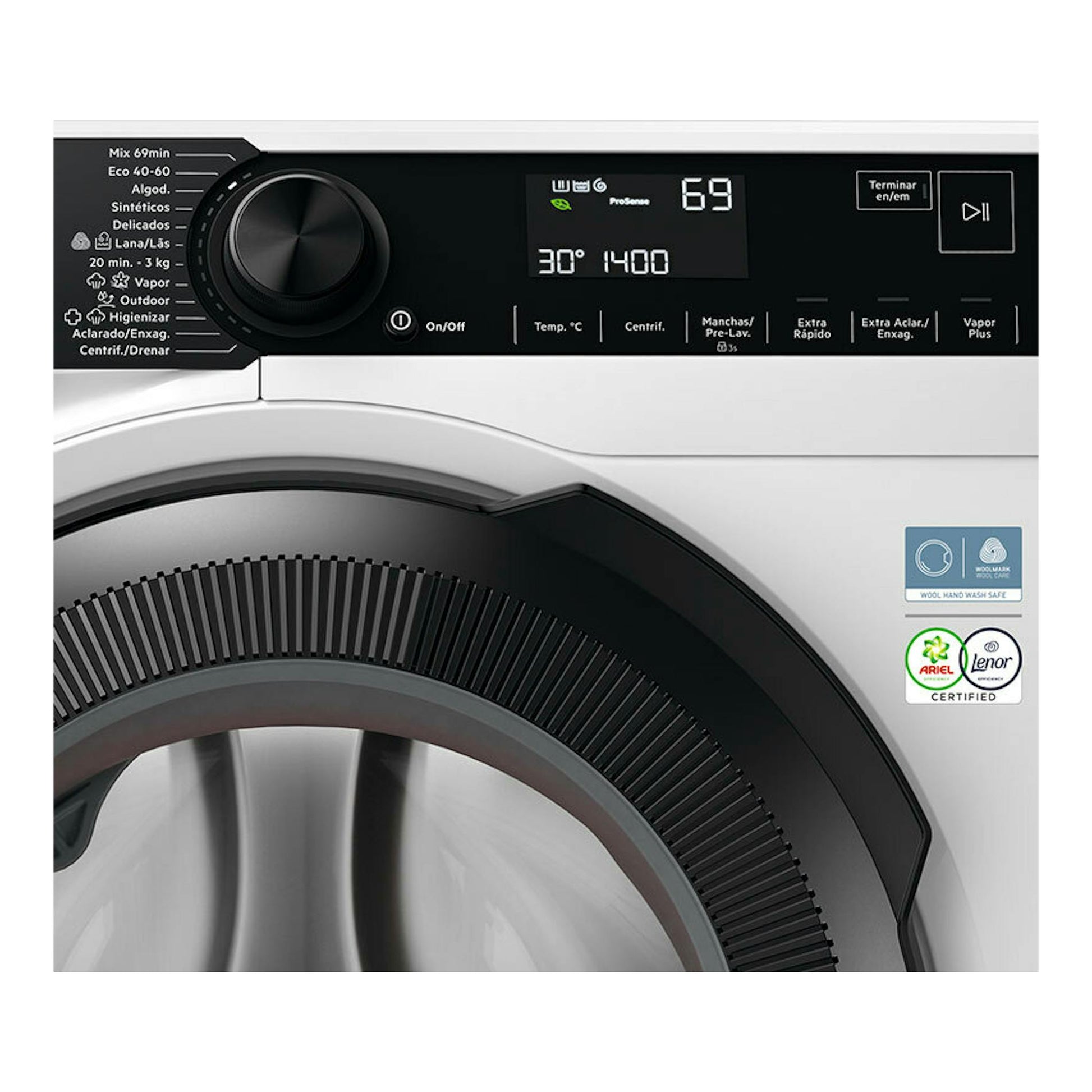 Lavadora AEG LFR7394N4B blanca, vista frontal con panel negro, selector y pantalla digital.