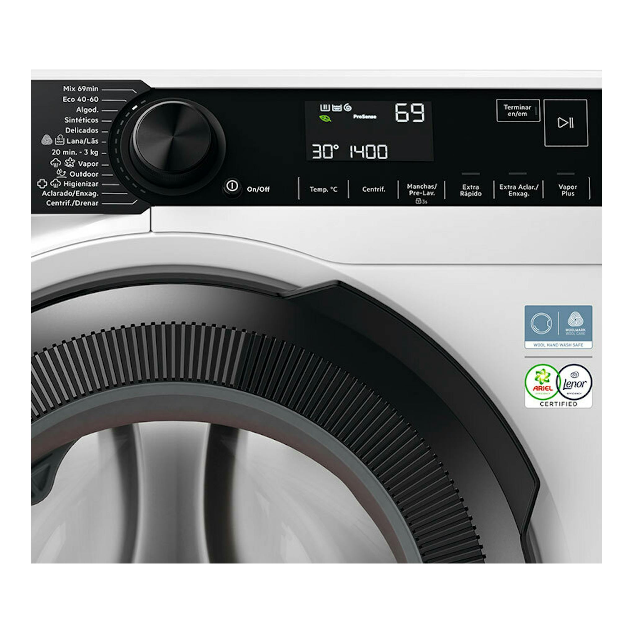 Lavadora AEG LFR7394N4B blanca, vista frontal con panel negro, selector y pantalla digital.
