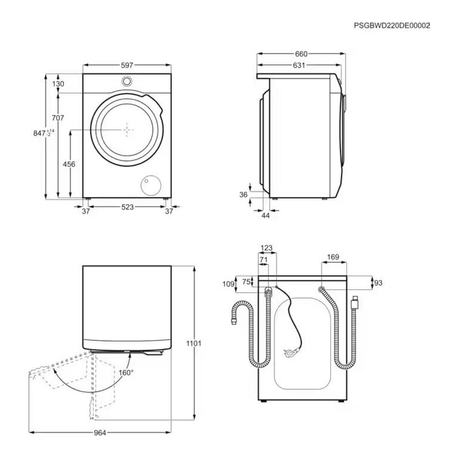 AEG LFR7394O4Q, lavadora blanca de 9 kg, vistas frontal, lateral y trasera con medidas y conexiones.