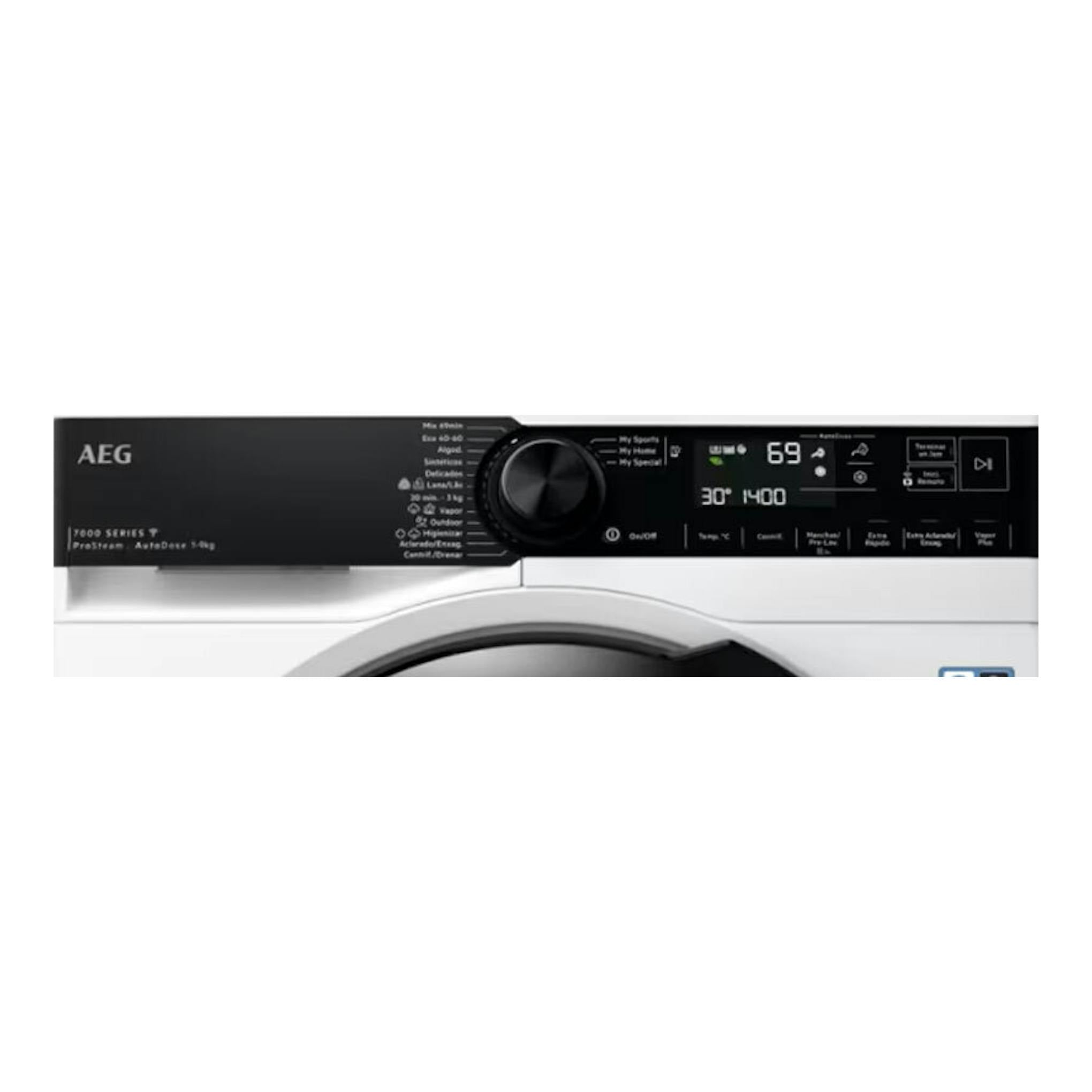 Lavadora AEG LFR7394O4Q, vista frontal, blanca con panel de control negro y pantalla digital.