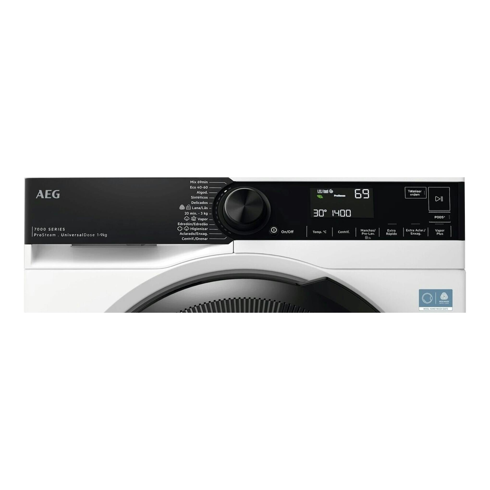 Lavadora AEG LFR7394O4V, vista frontal parcial, panel negro con selector y pantalla digital en cuerpo blanco.