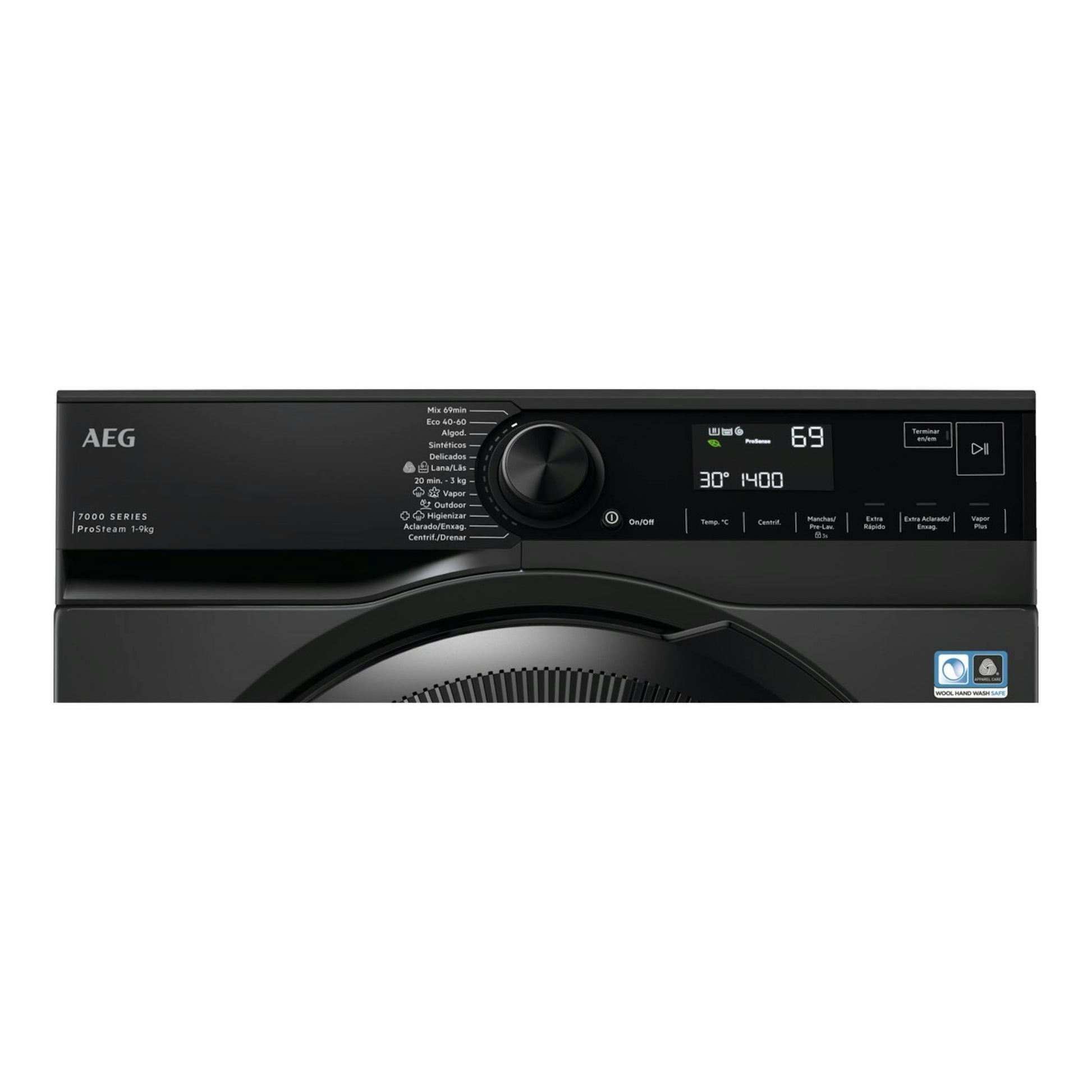 Lavadora AEG LFR7394V4B negra, vista frontal del panel con dial central y pantalla digital.