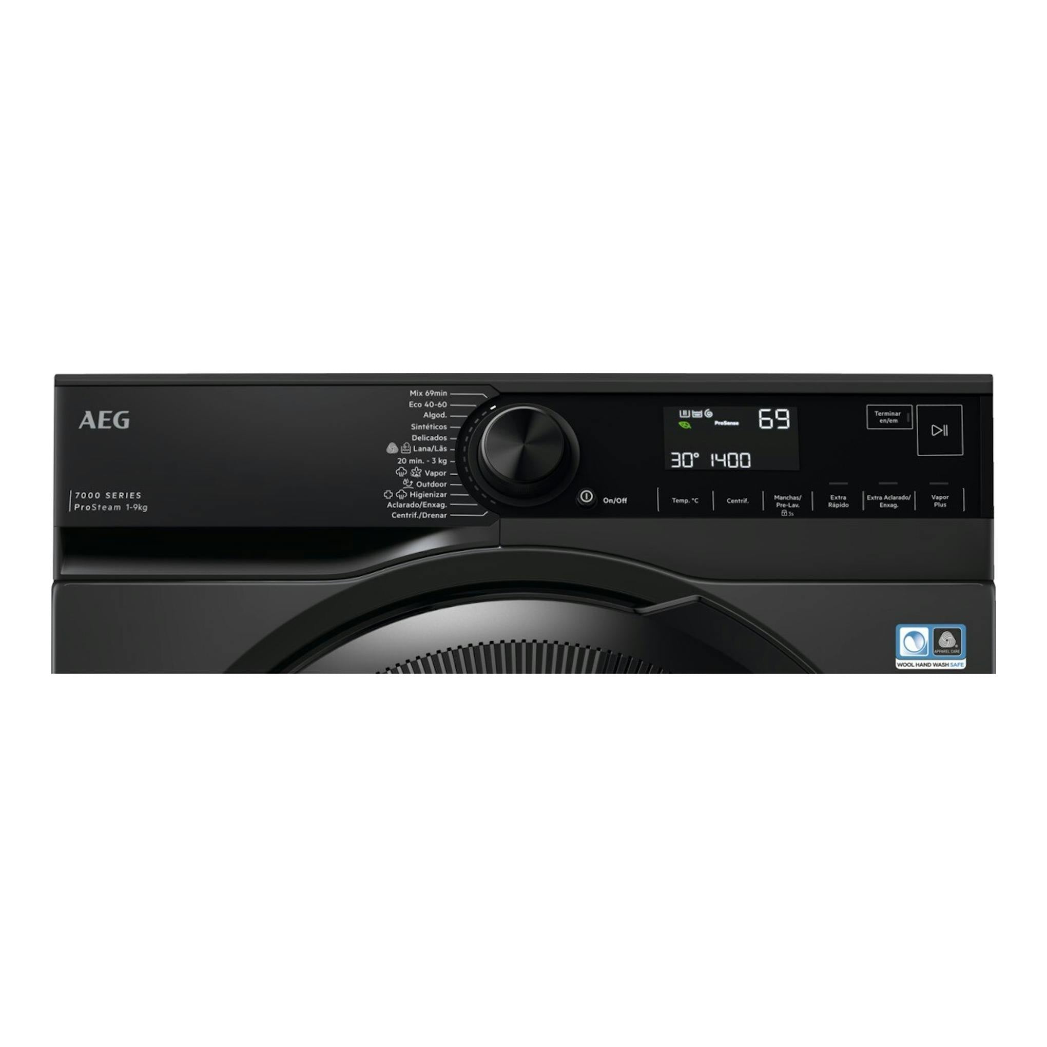 Lavadora AEG LFR7394V4B negra, vista frontal del panel con dial central y pantalla digital.