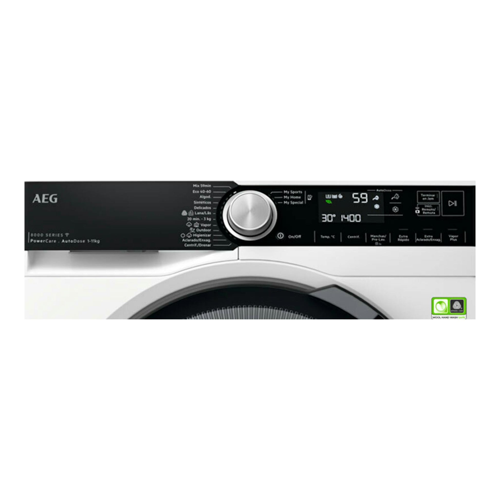 Lavadora AEG LFR8504L6Q blanca, vista frontal parcial con panel negro y puerta circular.
