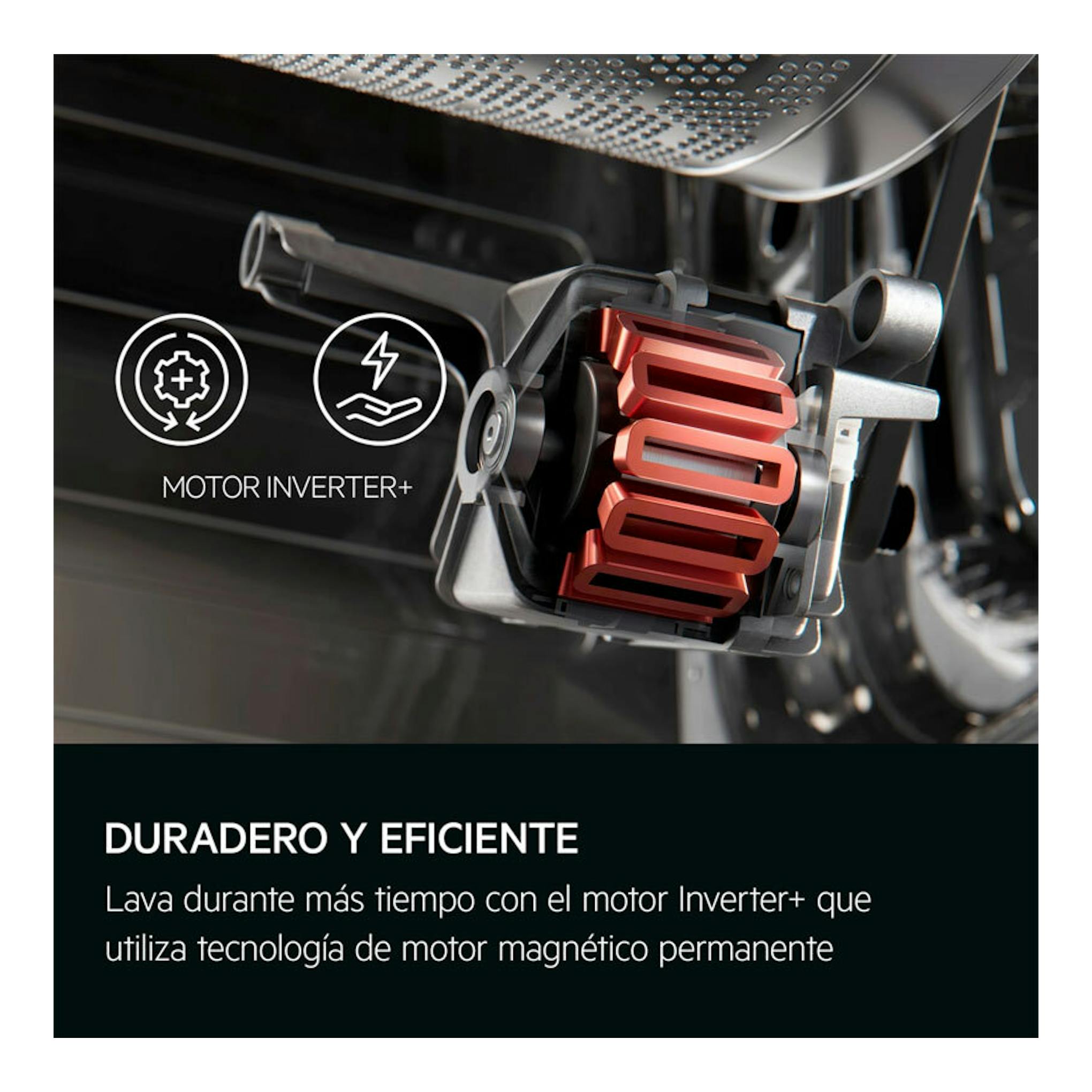 AEG LFSR7304L4BP: vista en corte del motor Inverter+ de la lavadora, con bobinas rojas y fondo negro.