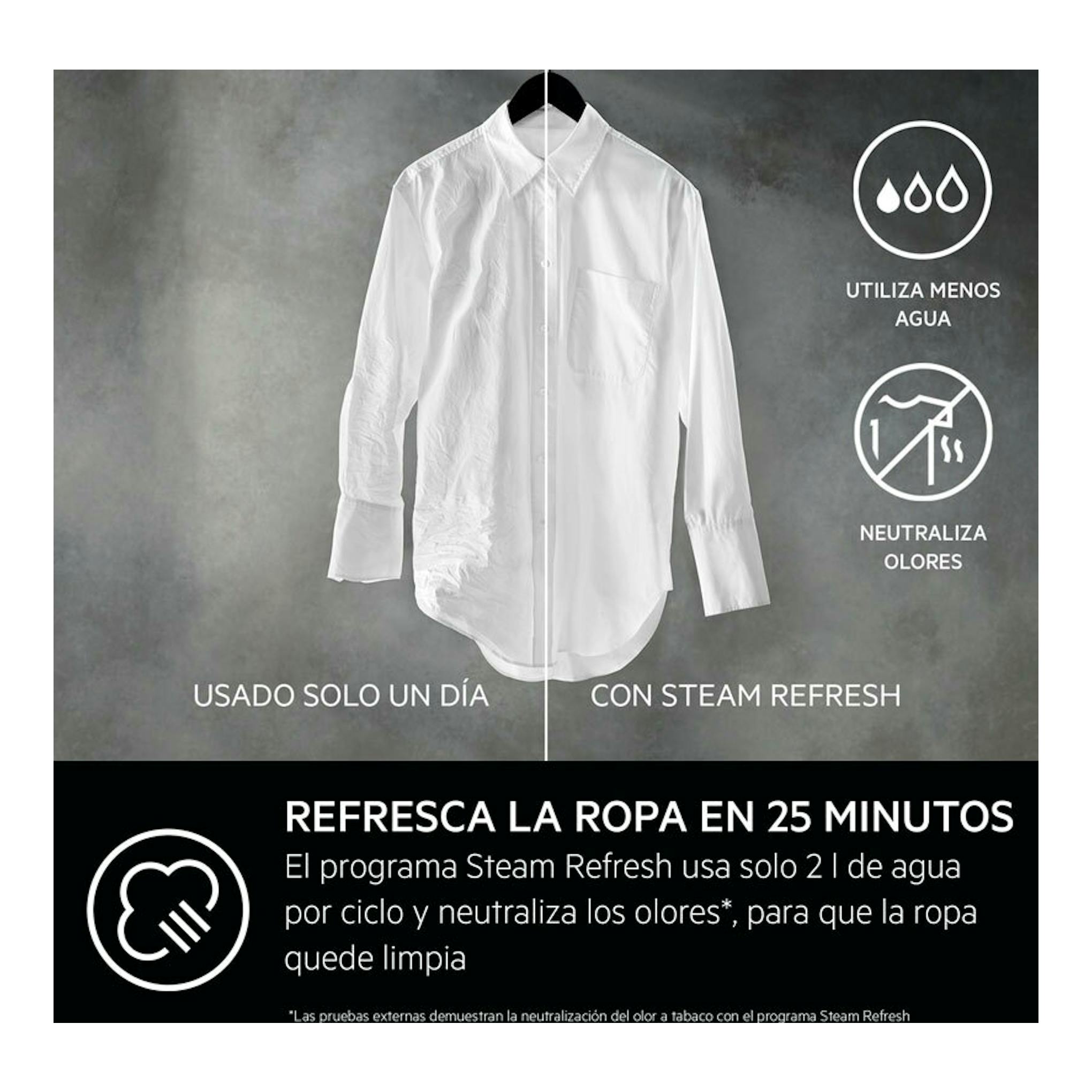 Imagen promocional de una camisa blanca colgada, con texto sobre Steam Refresh y ahorro de agua.