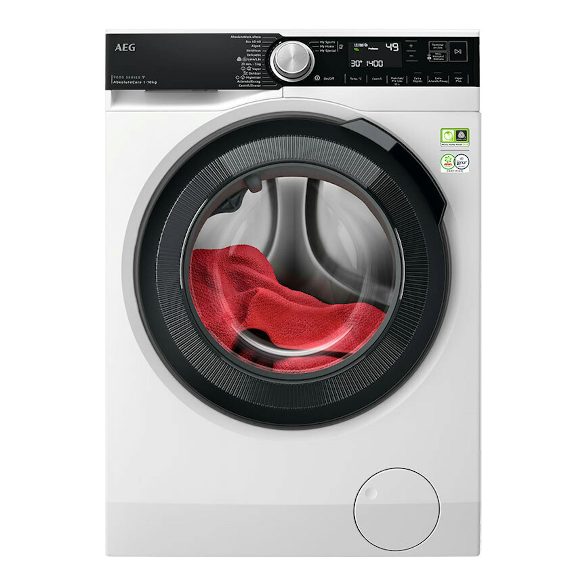 Lavadora frontal AEG LFSR9514L6U blanca y negra, vista frontal, con ropa roja en el tambor.