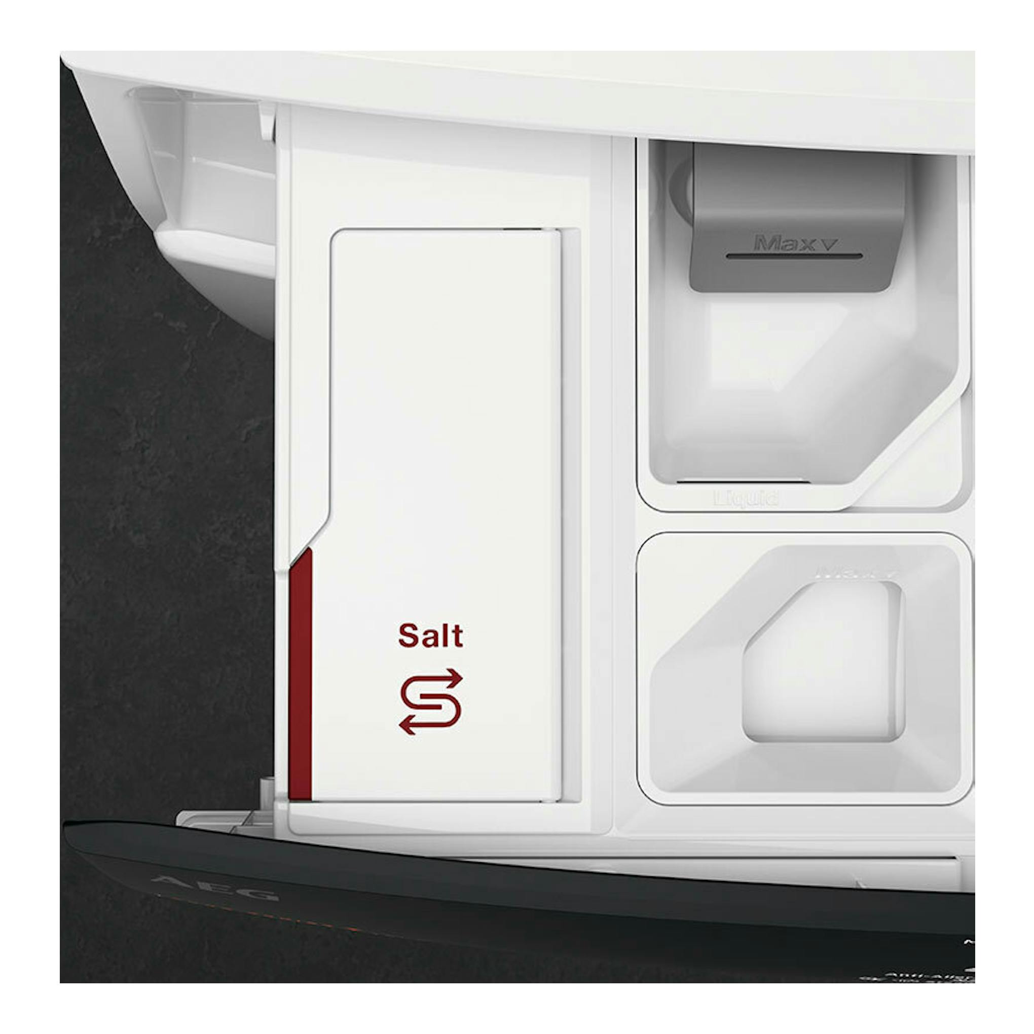 Lavadora AEG blanca, detalle frontal del cajetín con compartimentos de sal, MaxV y detergente.