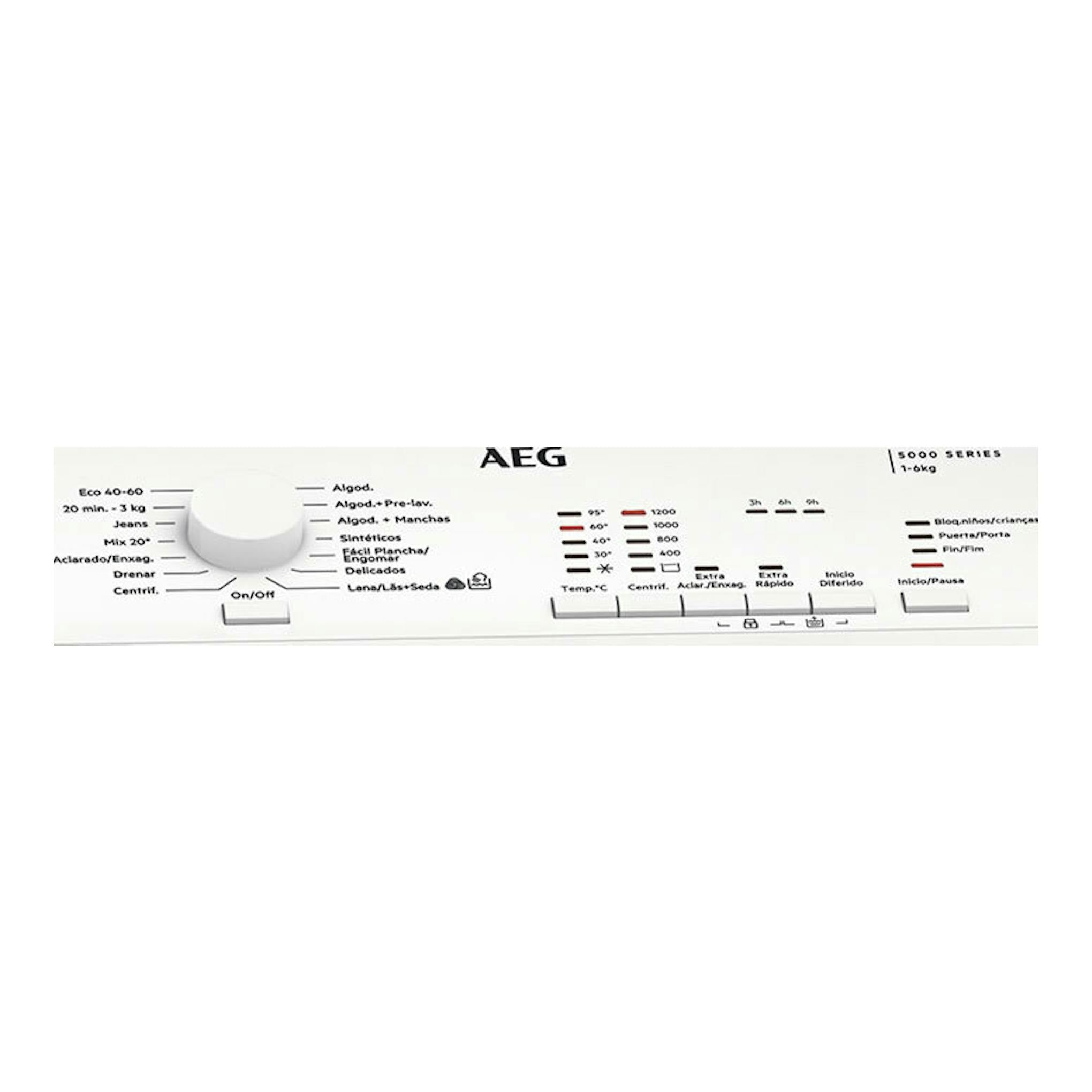 Panel de control de lavadora AEG LTA5N6230E blanca, vista superior con mando giratorio y botones.
