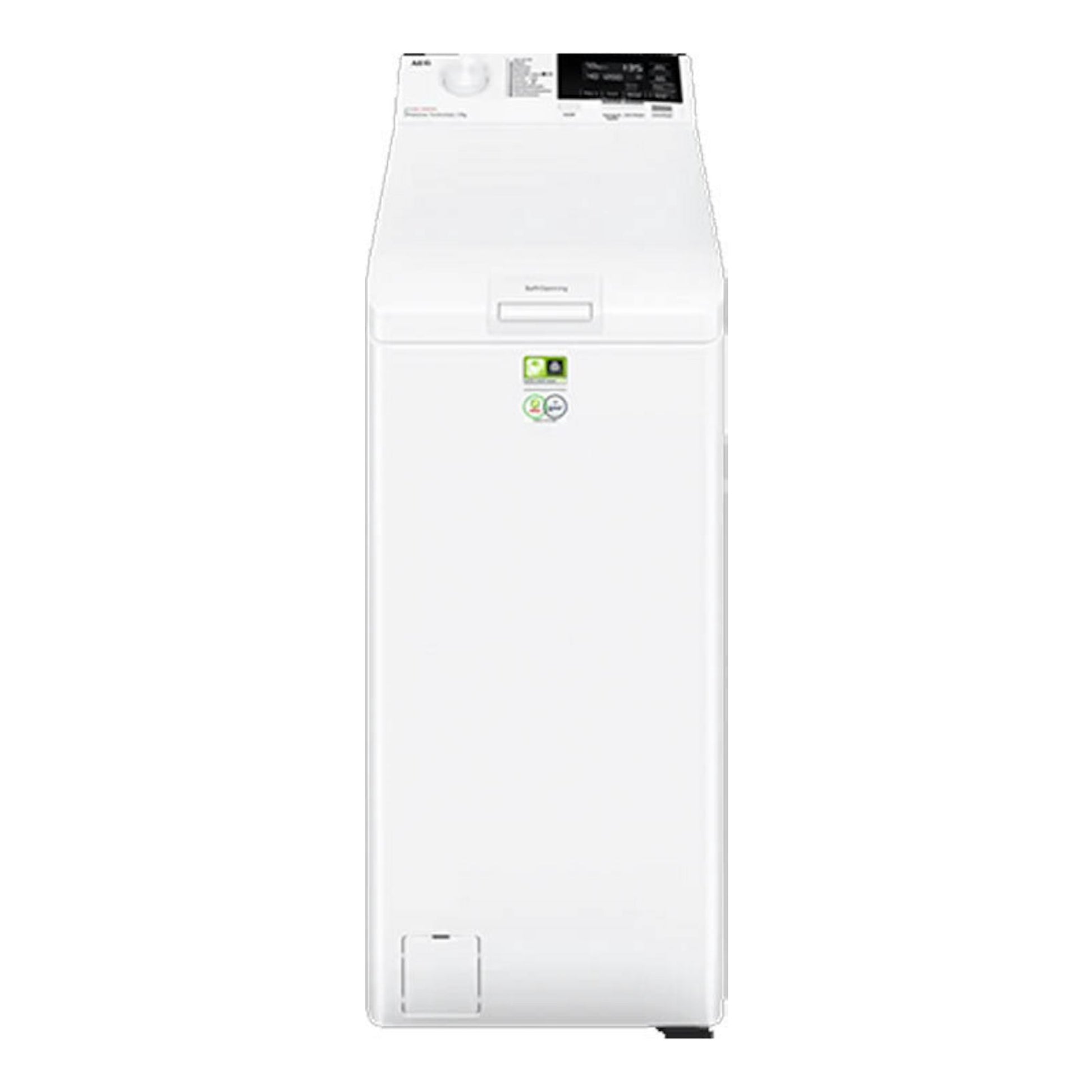 Lavadora blanca AEG LTA6G7331E de carga superior, vista frontal.