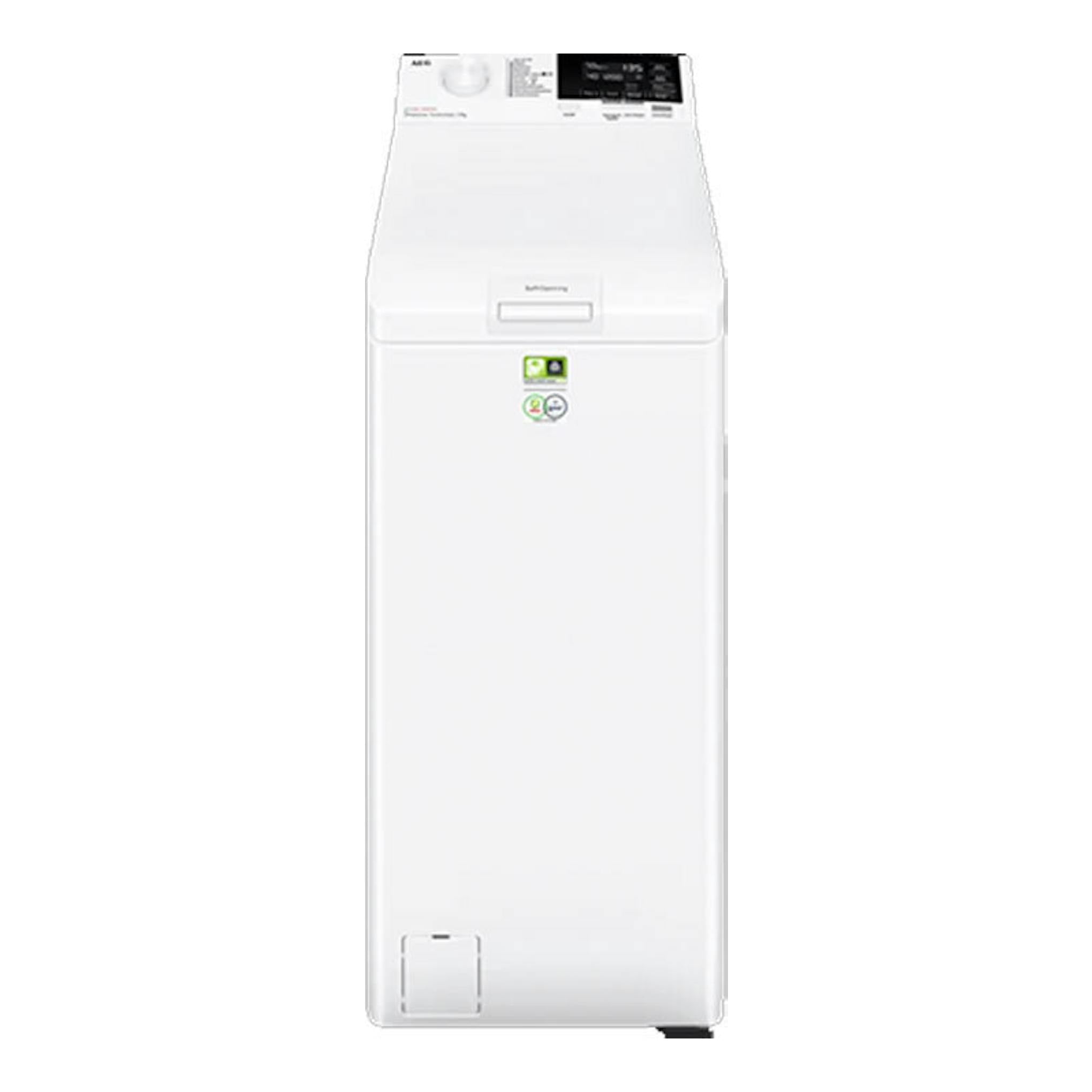 Lavadora blanca AEG LTA6G7331E de carga superior, vista frontal.