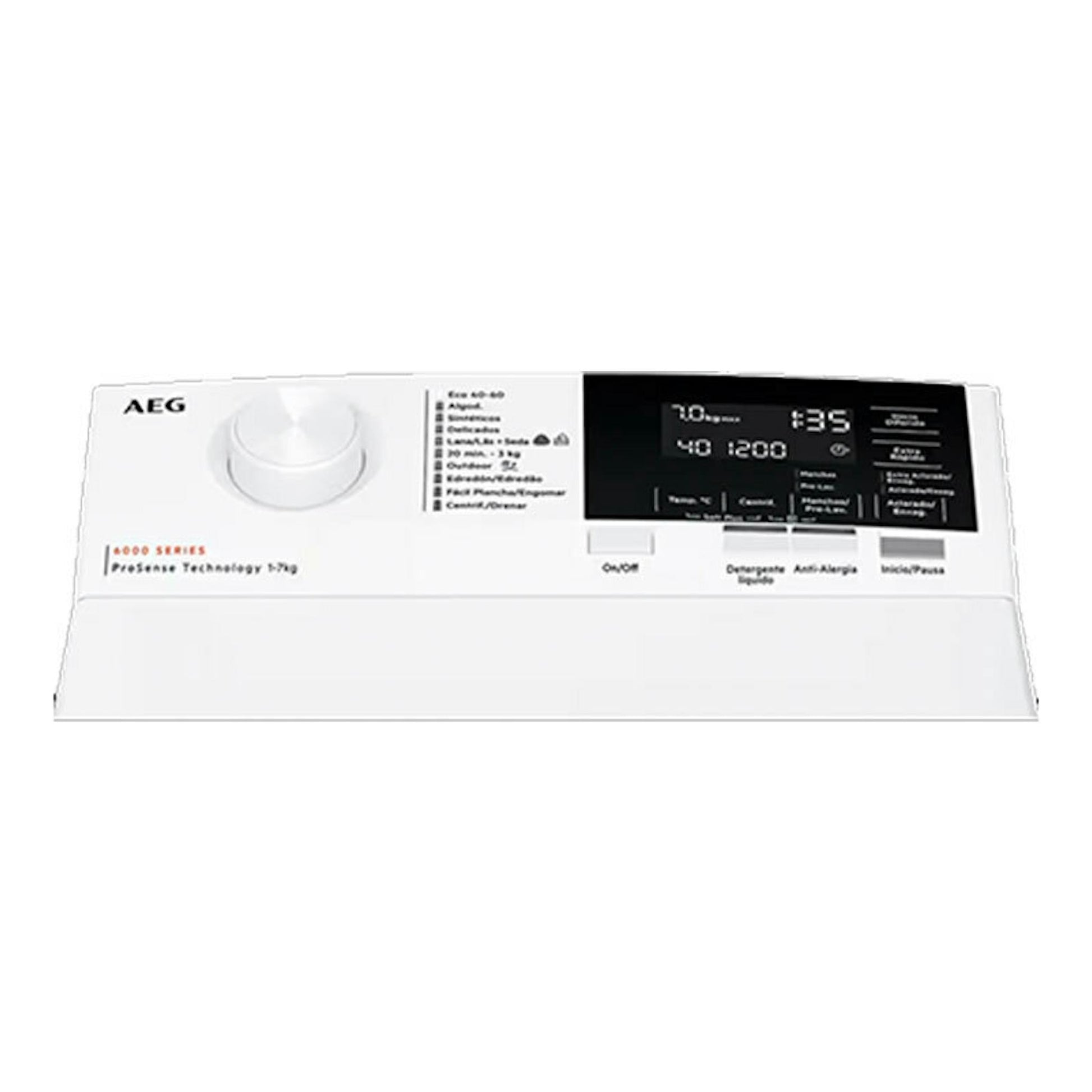 Lavadora AEG LTA6G7331E blanca, vista frontal del panel superior con selector y display digital negro.
