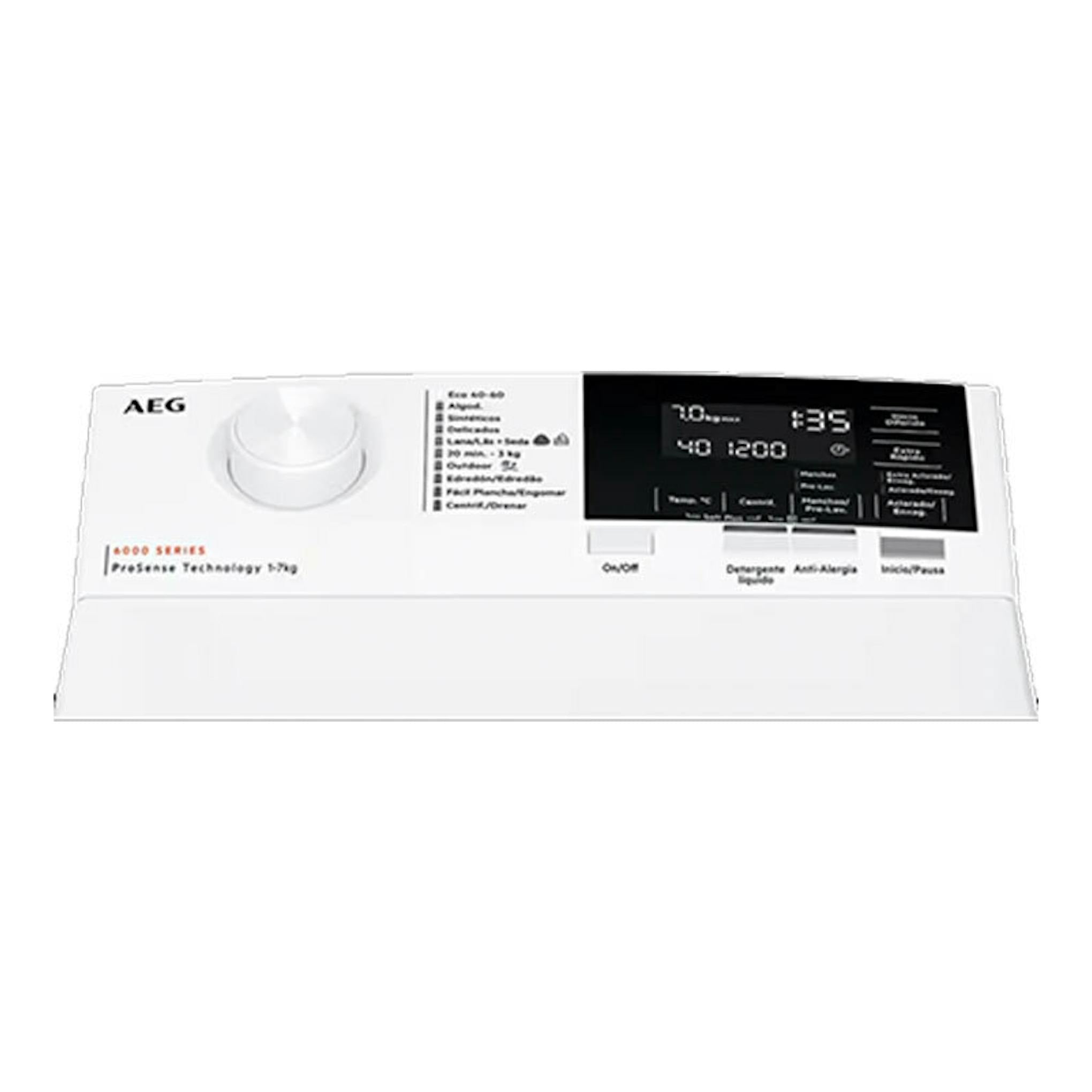 Lavadora AEG LTA6G7331E blanca, vista frontal del panel superior con selector y display digital negro.