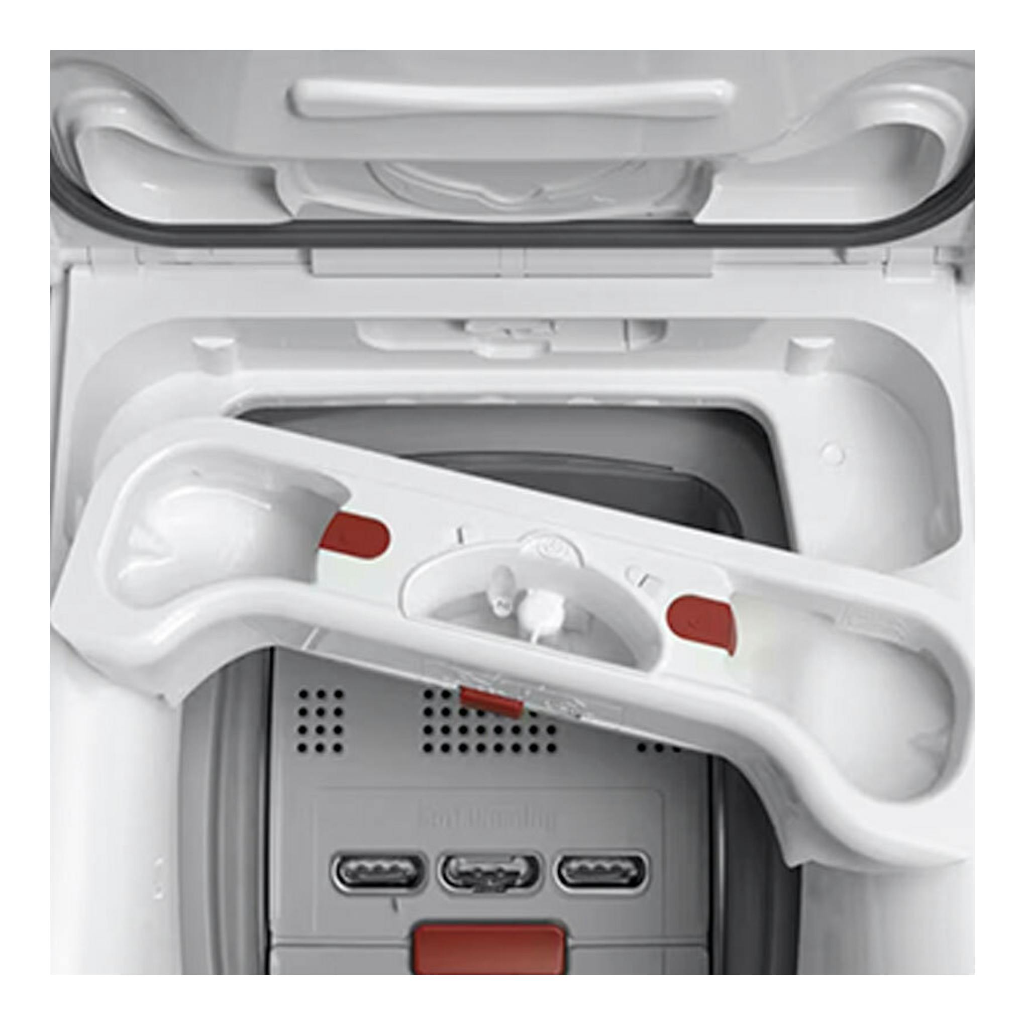 Vista superior del interior de una lavadora AEG LTA6G7331E blanca, con la tapa abierta.