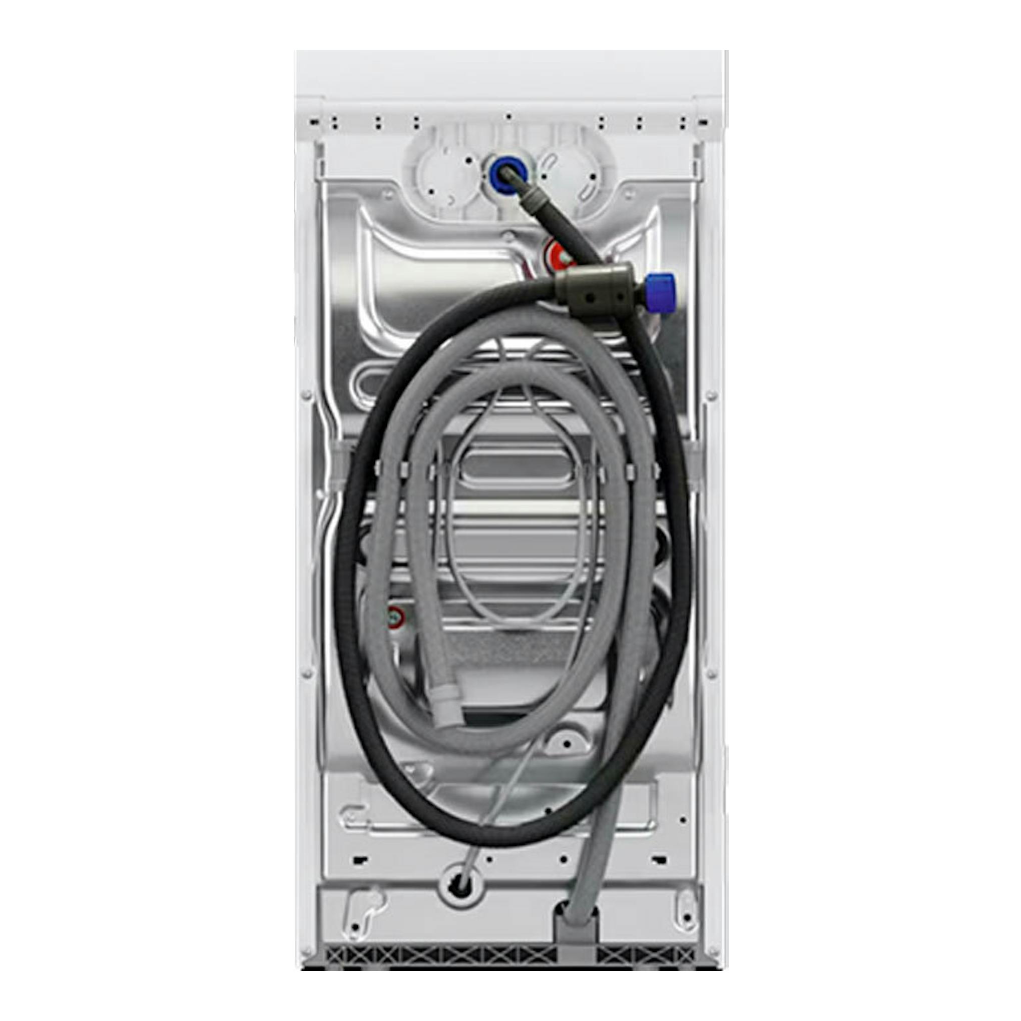 AEG LTA6G7331E, lavadora blanca vista trasera con mangueras y cables enrollados.