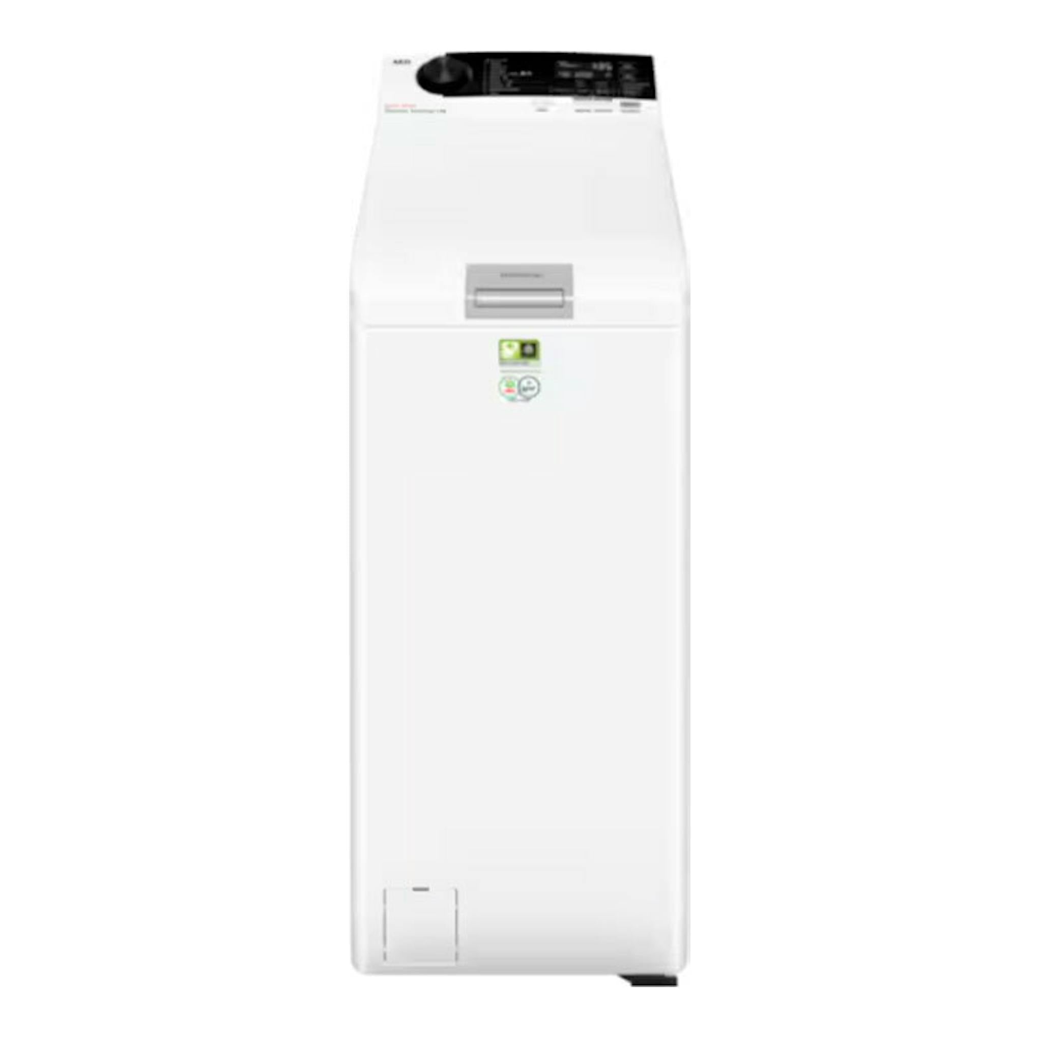 Lavadora de carga superior AEG LTA7E7231E blanca, vista frontal.