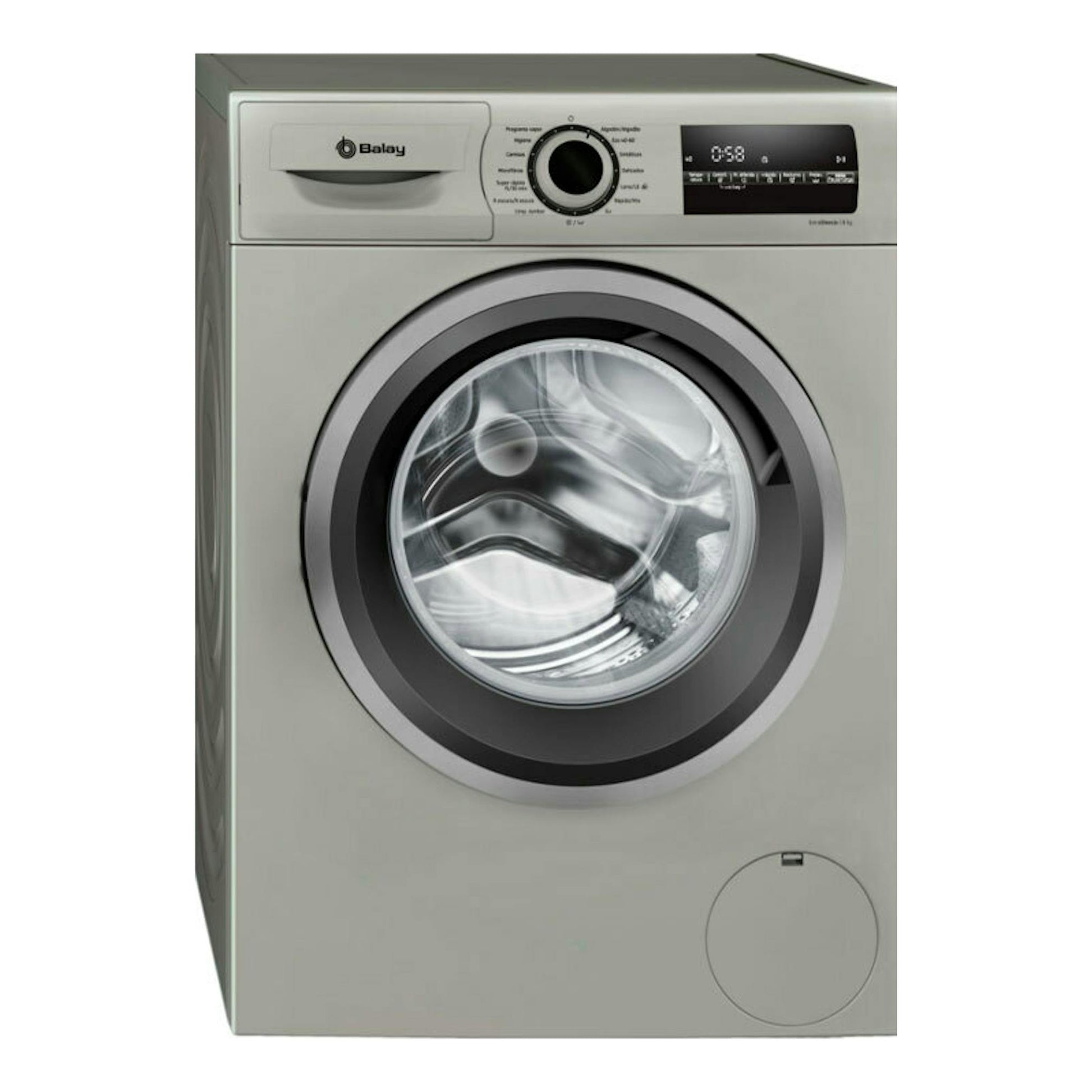 Lavadora Balay 3TS282X de 8 kg, frontal, color plata, con puerta redonda y panel digital.