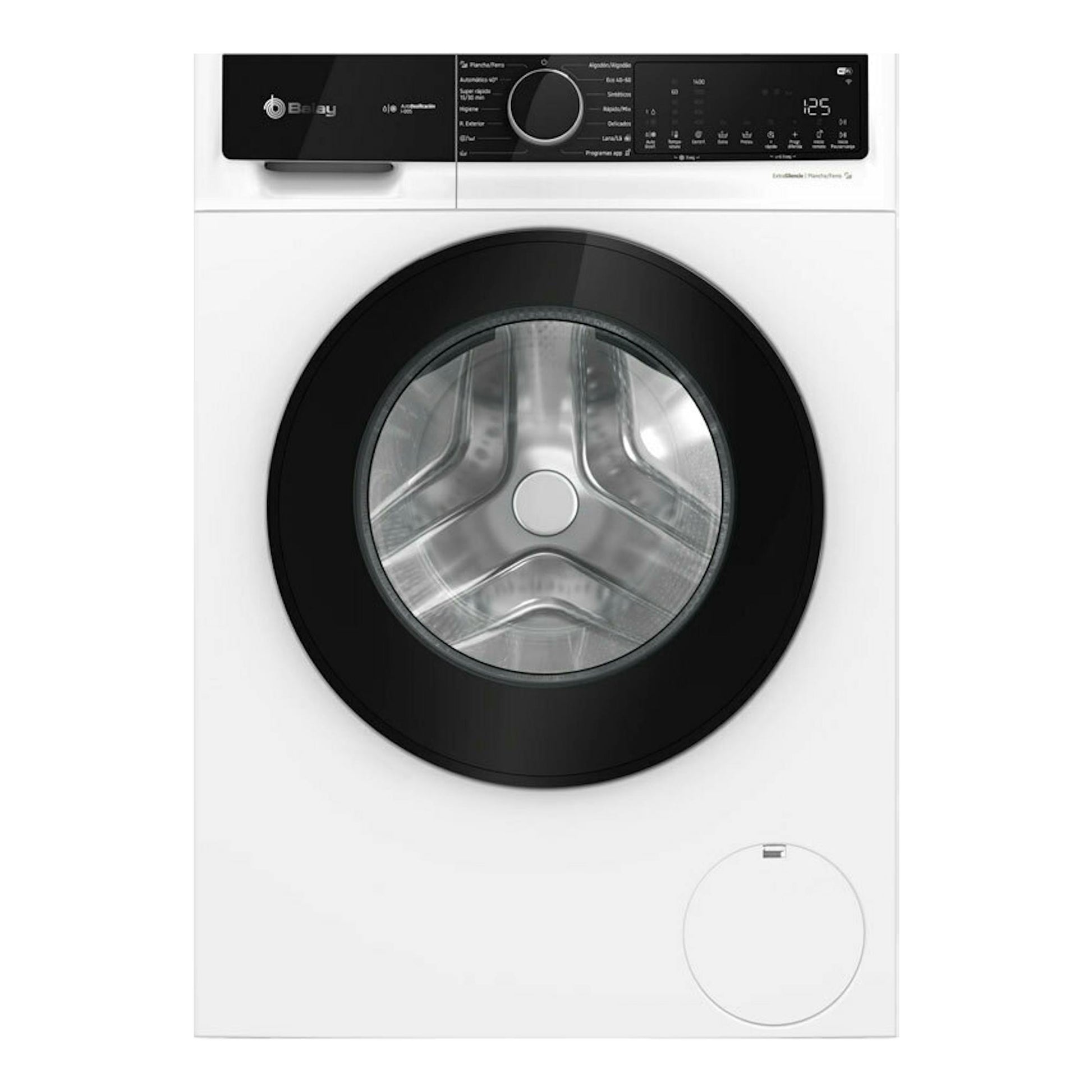 Lavadora Balay 3TS3104BH blanca, vista frontal, con puerta negra y panel de control superior.