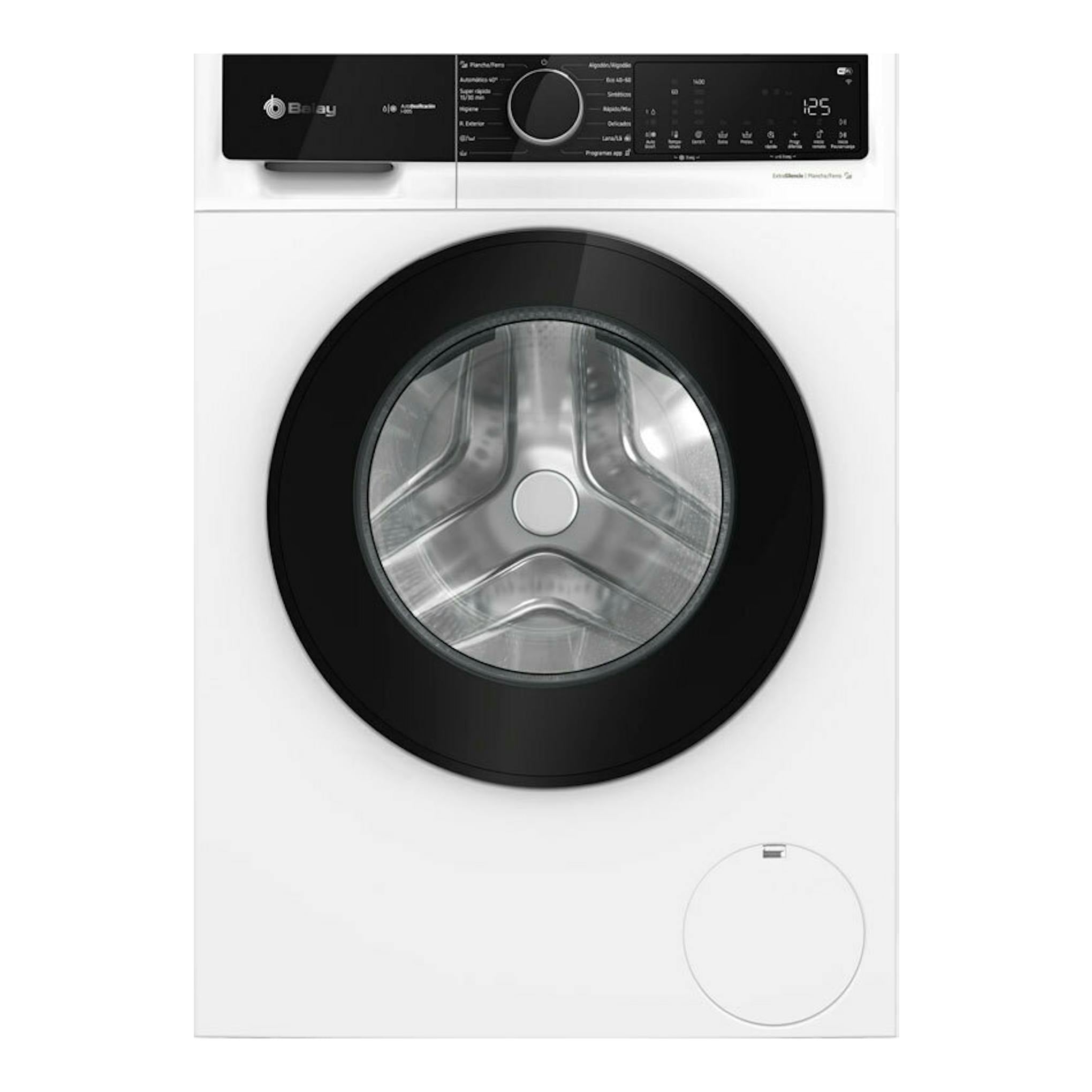 Lavadora Balay 3TS3104BH blanca, vista frontal, con puerta negra y panel de control superior.