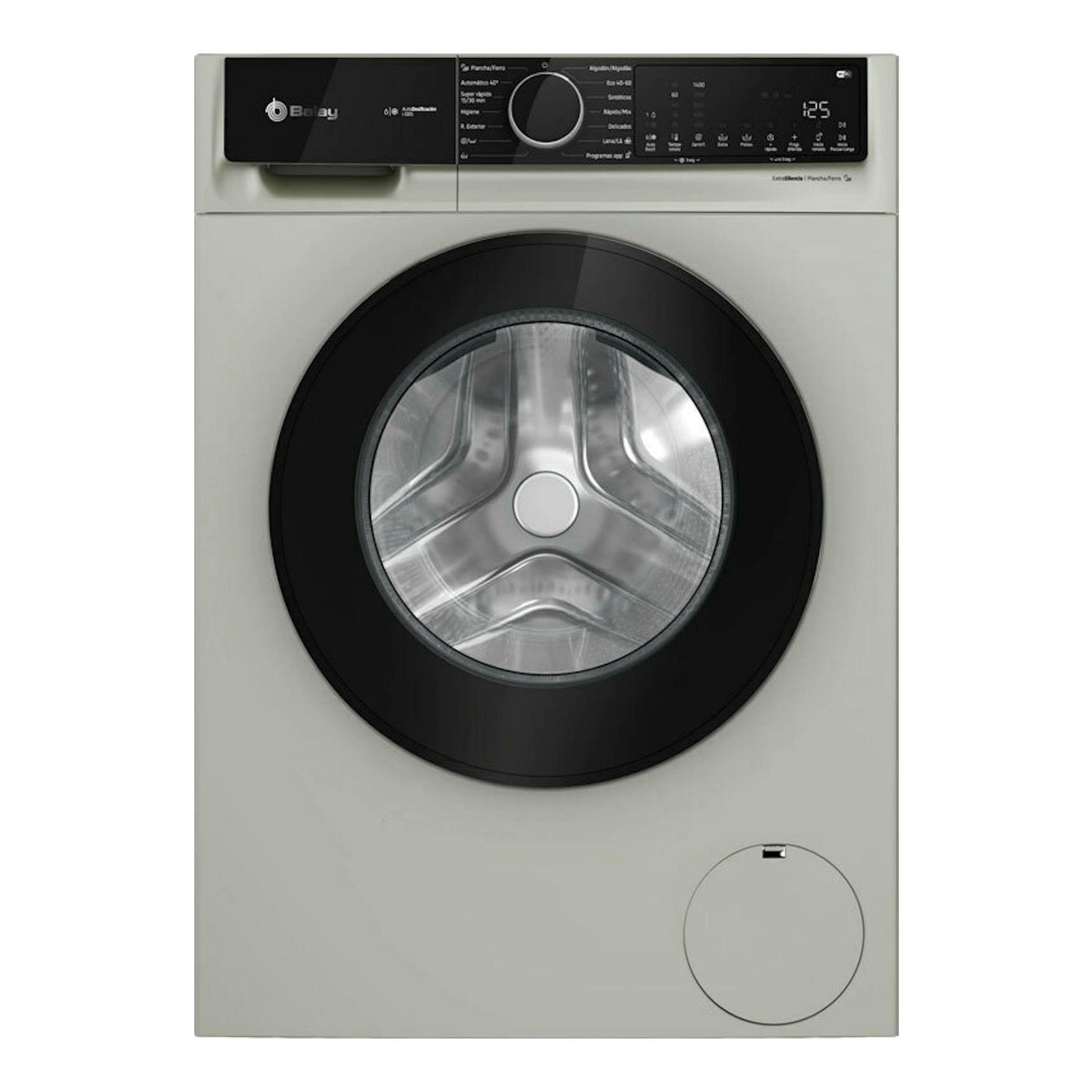 Lavadora Balay 3TS3104XH, vista frontal, color gris claro, con puerta negra y panel digital superior.