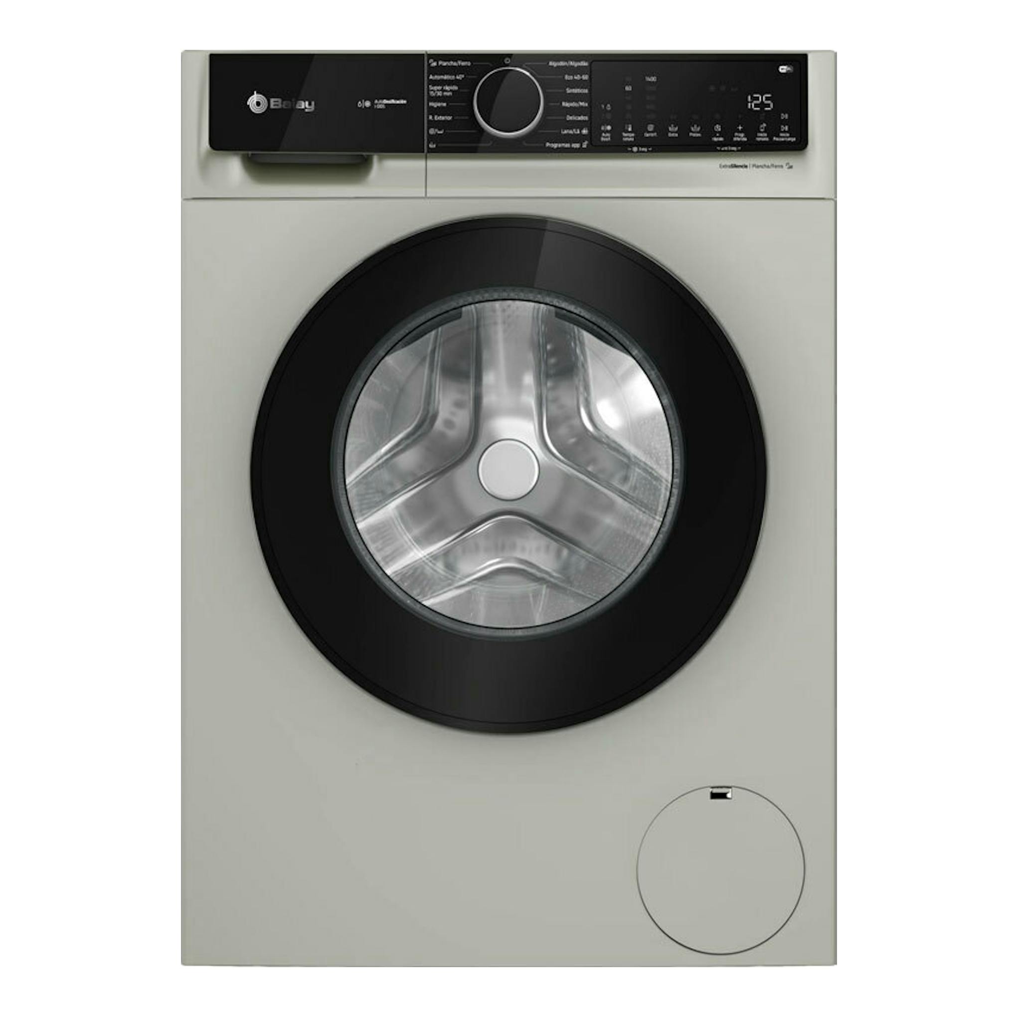 Lavadora Balay 3TS3104XH, vista frontal, color gris claro, con puerta negra y panel digital superior.